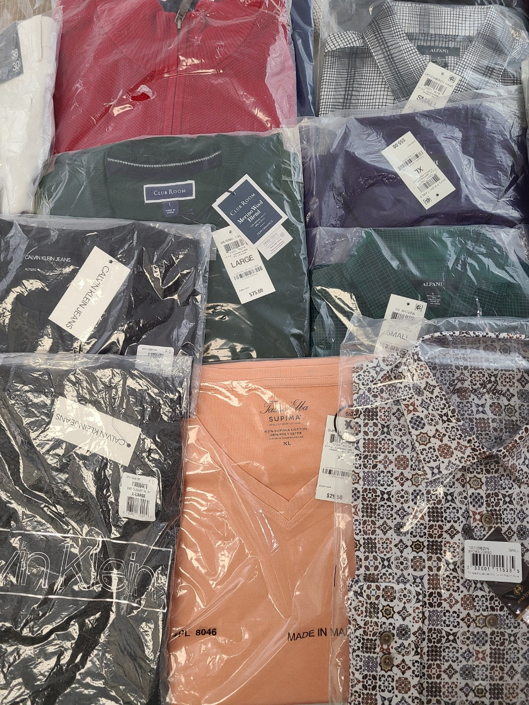 Men's Clothing Wholesale Lot Calvin Klein, Tasso Elba, Alfani, Bar lll, Club Room and more, 25 Units, New, MSRP $1,582.50