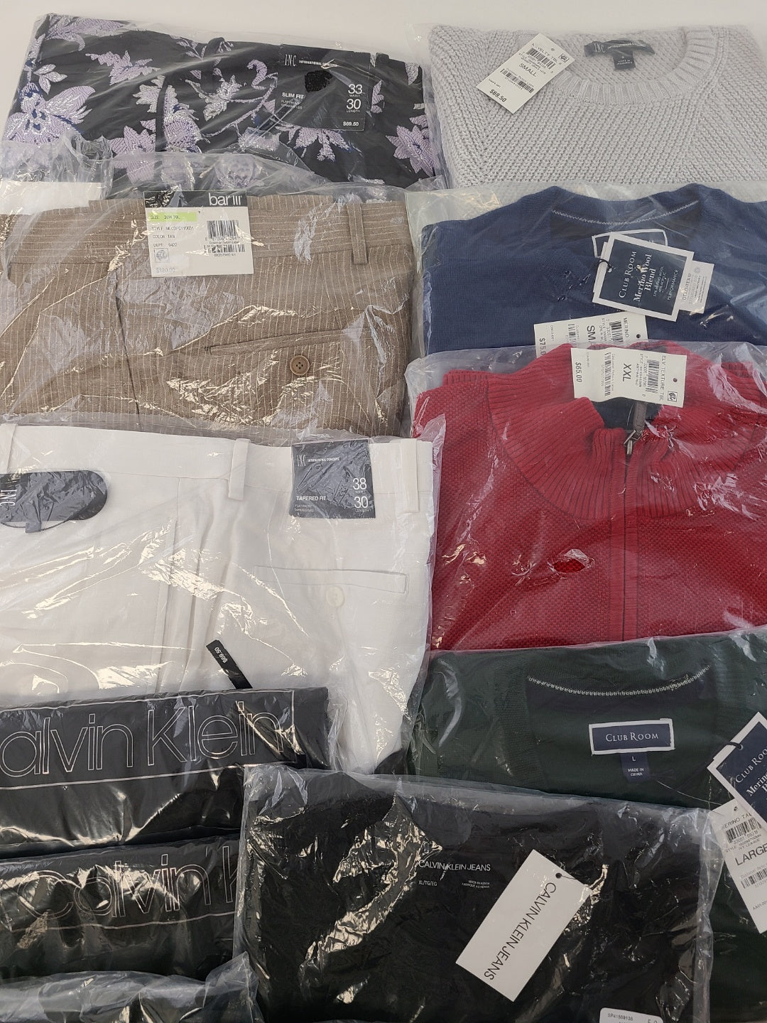 Men's Clothing Wholesale Lot Calvin Klein, Tasso Elba, Alfani, Bar lll, Club Room and more, 25 Units, New, MSRP $1,582.50