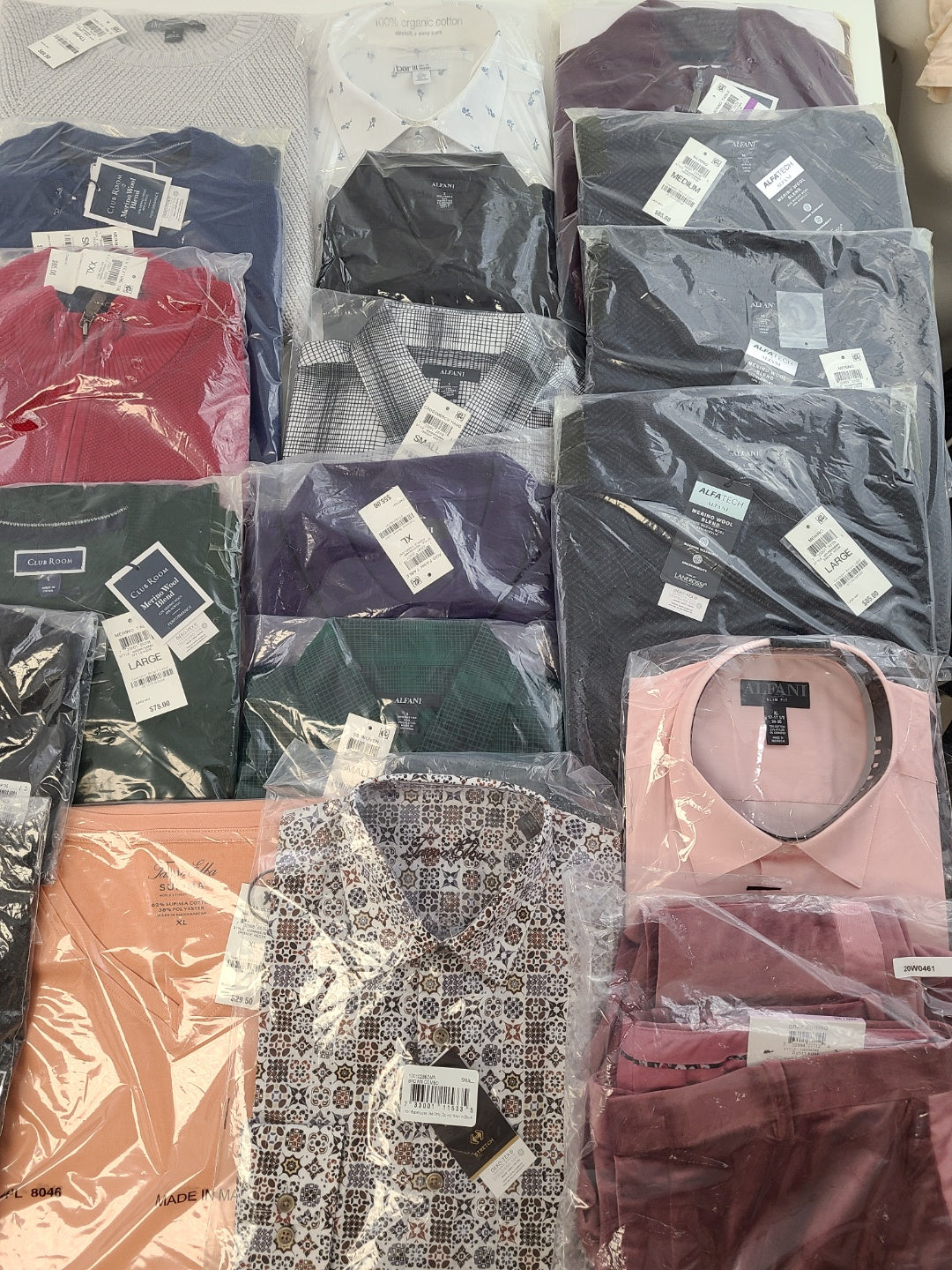 Men's Clothing Wholesale Lot Calvin Klein, Tasso Elba, Alfani, Bar lll, Club Room and more, 25 Units, New, MSRP $1,582.50