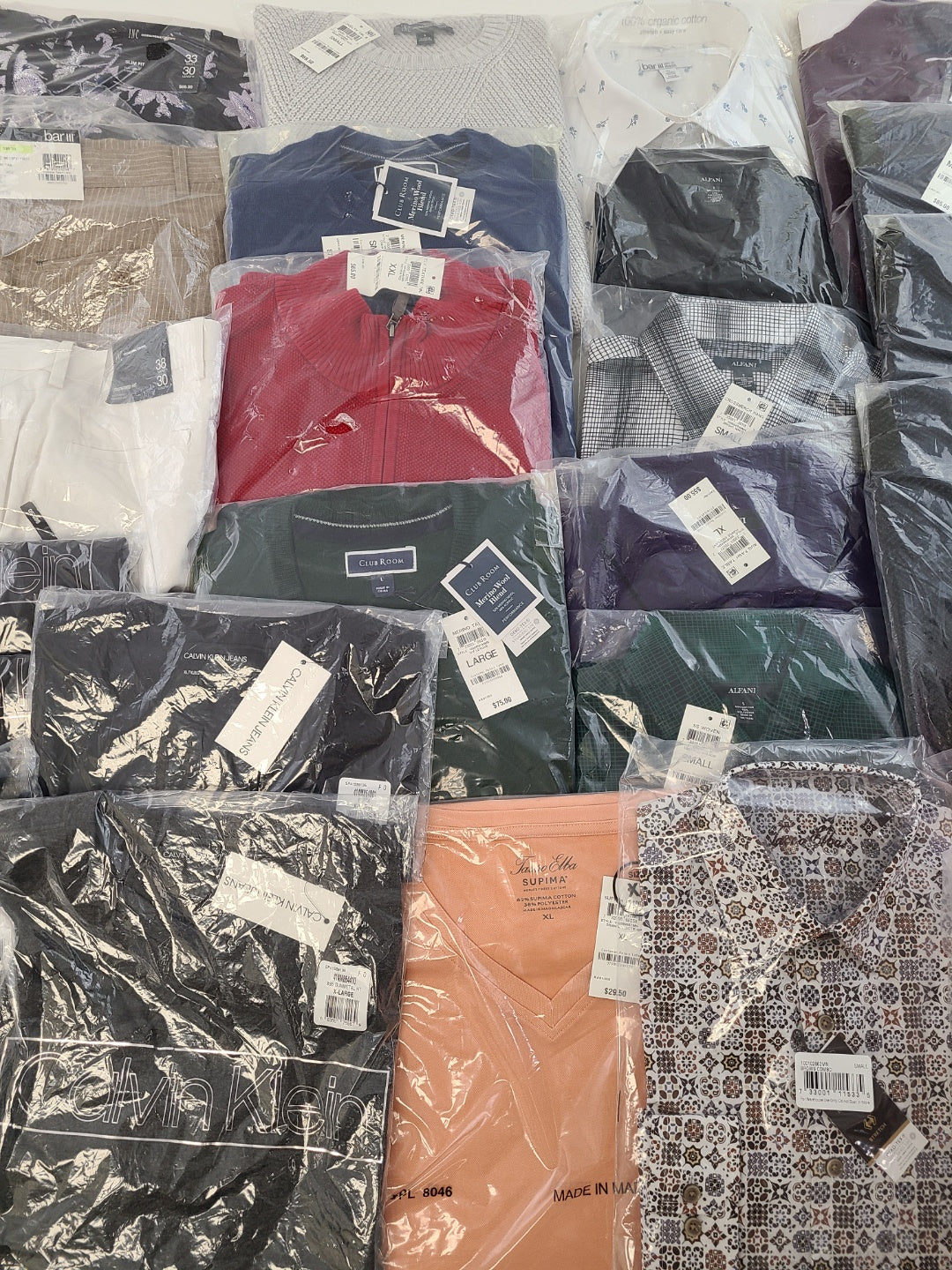 Men's Clothing Wholesale Lot Calvin Klein, Tasso Elba, Alfani, Bar lll, Club Room and more, 25 Units, New, MSRP $1,582.50