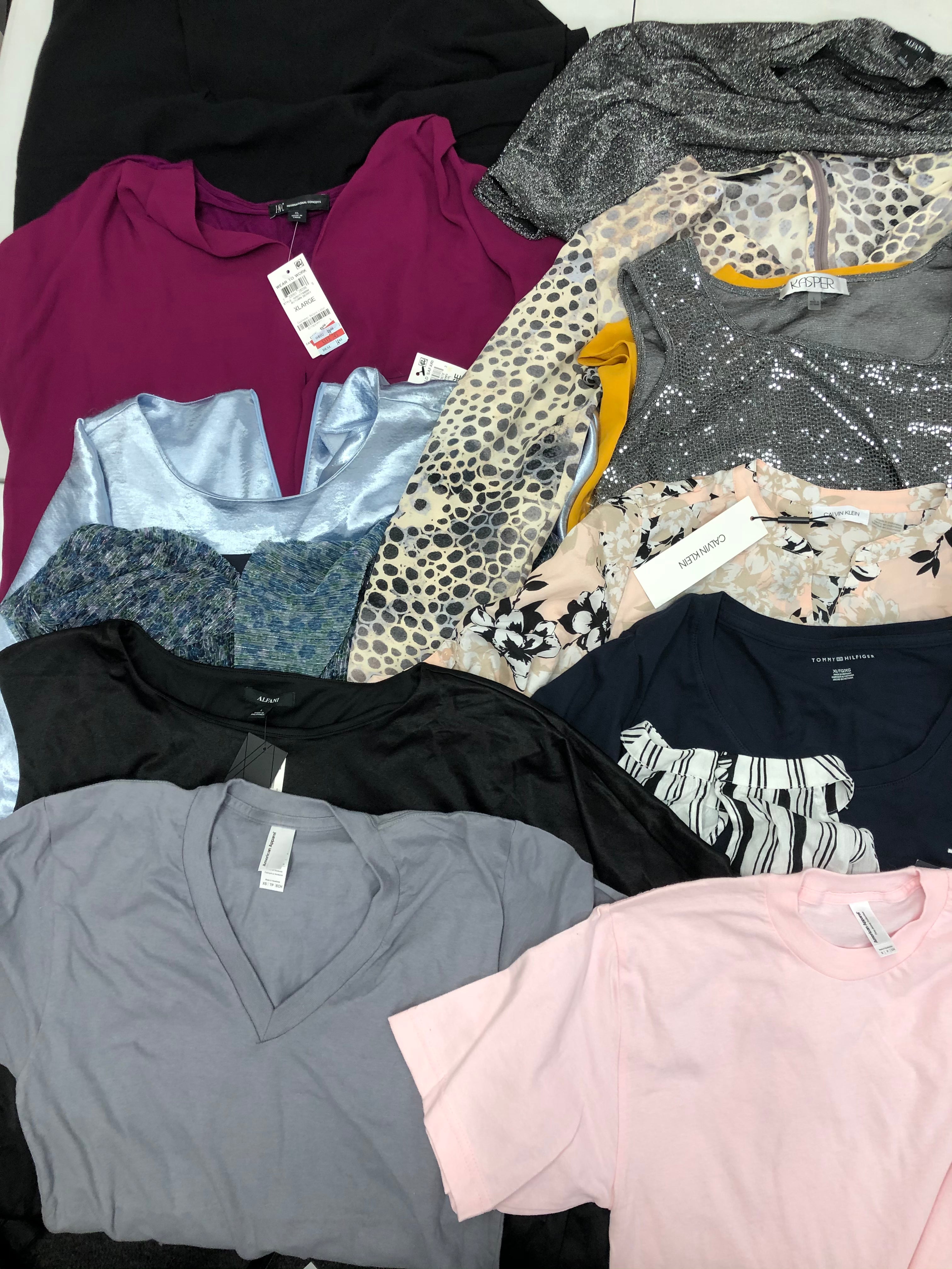 Women's Clothing Top Wholesale Lot, CALVIN KLEIN, TOMMY HILFIGER, KASPER, ALFANI, AMERICAN APPAREL and more, 14 Units, Shelf Pulls, MSRP $778.50