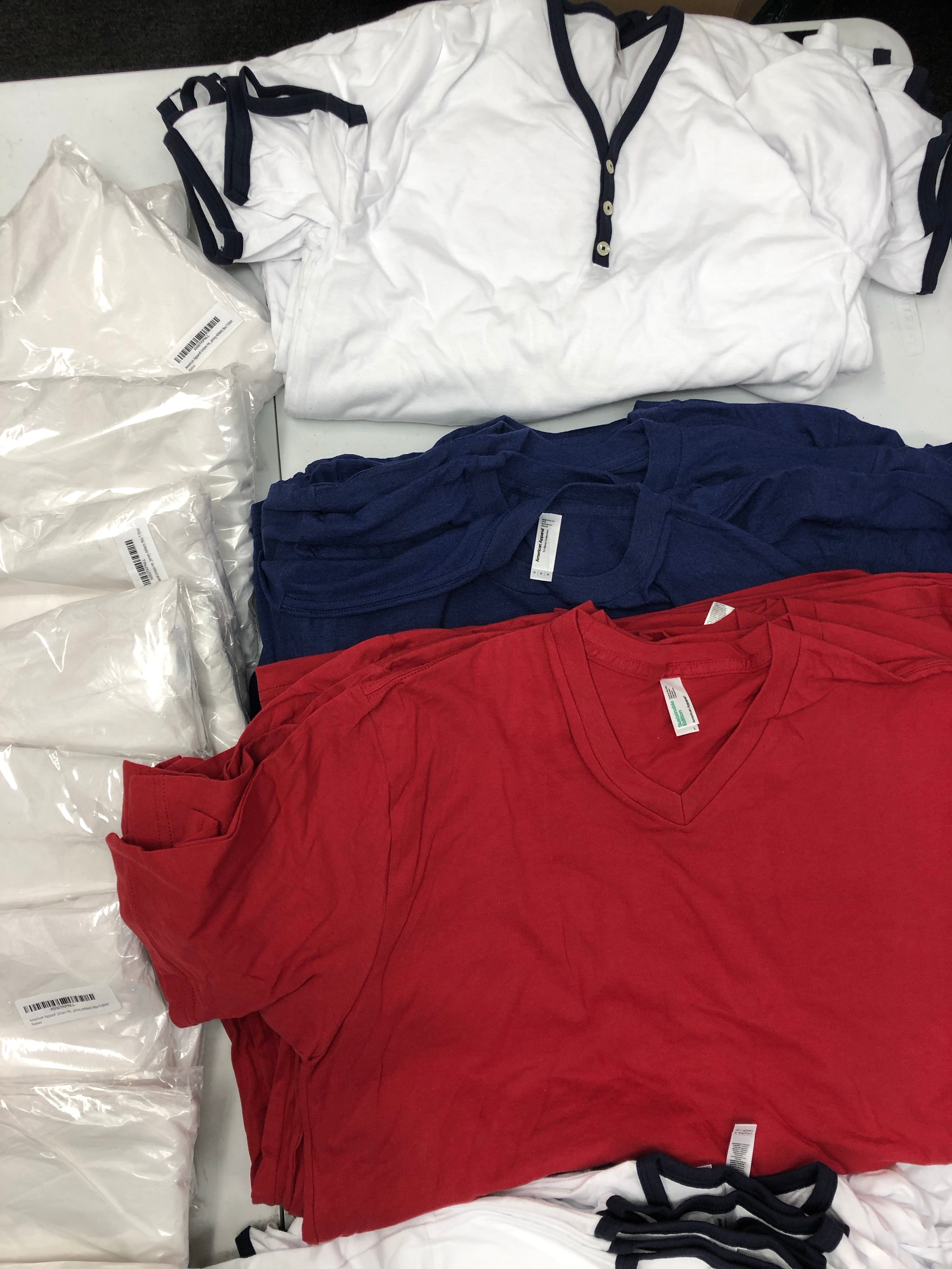Men's Clothing Tops T-Shirt Wholesale Lot, AMERICAN APPAREL ONLY, 71 Items, Shelf Pulls, MSRP $1,372