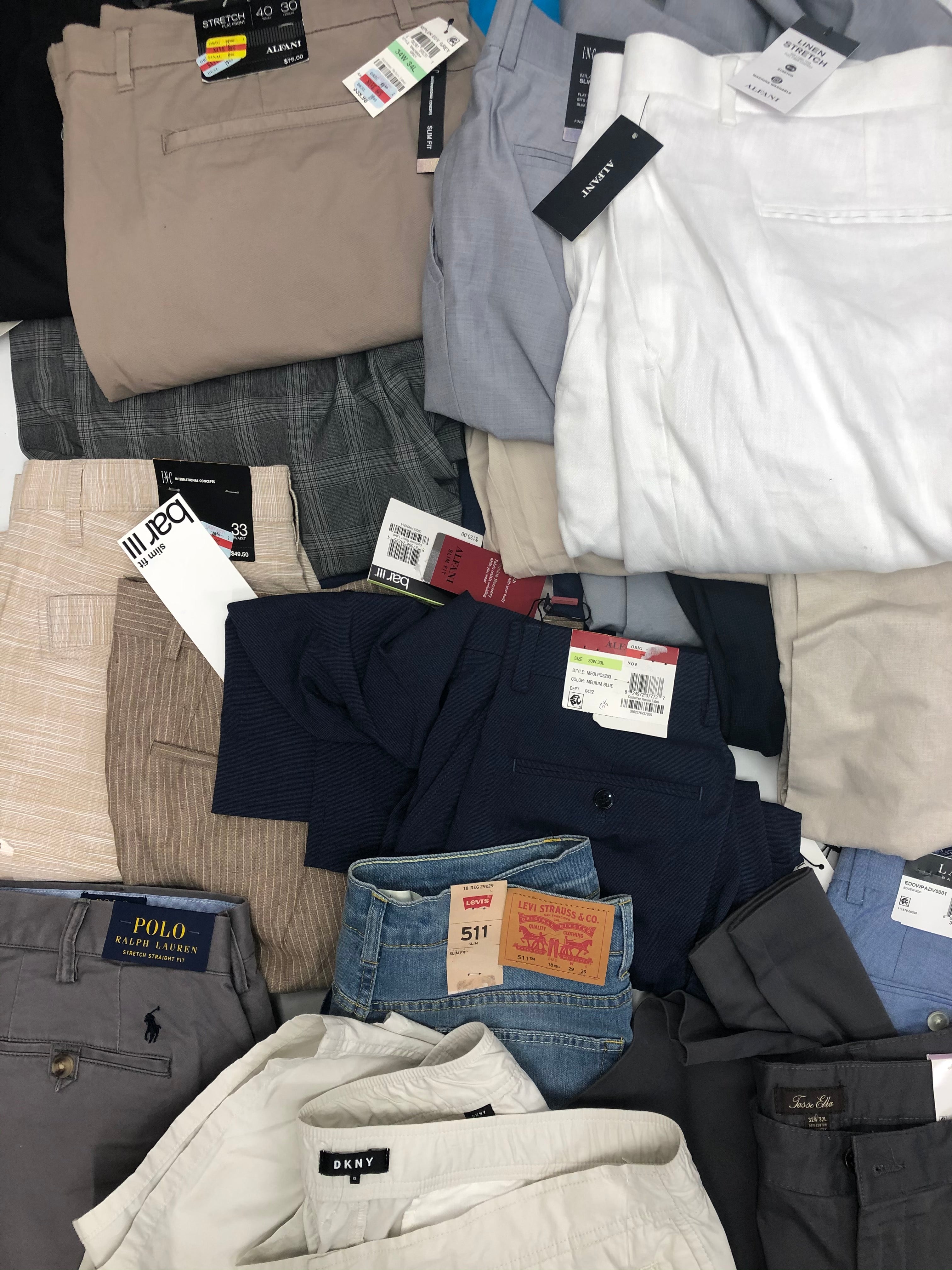 Men's Clothing Bottom Wholesale Lot, POLO RALPH LAUREN, DKNY, LEVI'S, TASSO ELBA, ALFANI and more,  33 Units, Shelf Pulls, MSRP $2,433.49