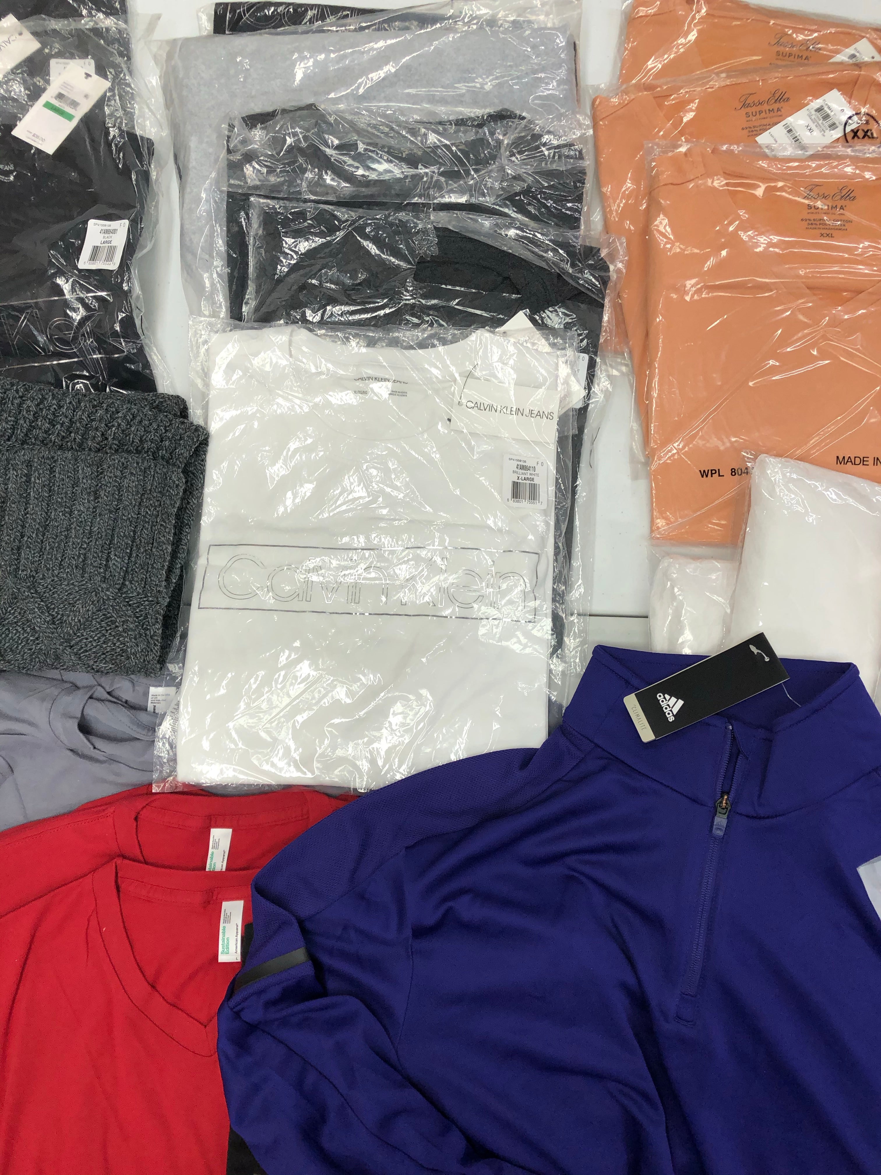 Men's Clothing Tops & Scarves Wholesale Lot, ADIDAS, CALVIN KLEIN, STEVE MADDEN, TASSO ELBA, AMERICAN APPAREL, 32 items, Shelf Pulls, MSRP $897