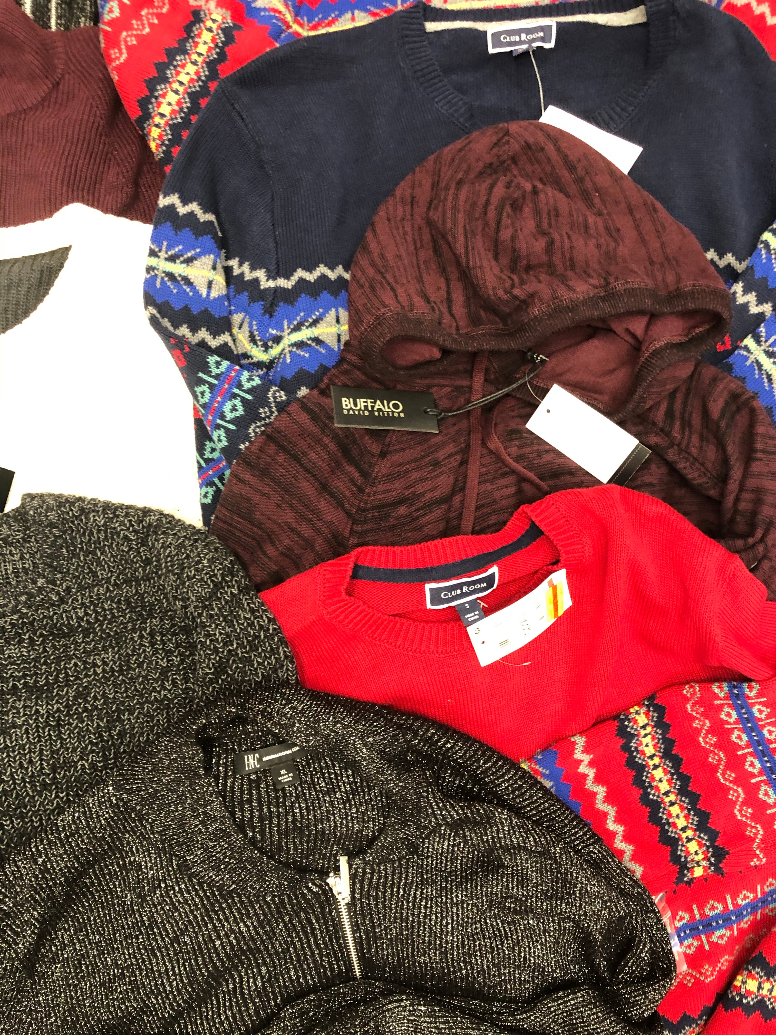 Men's Clothing Sweater Wholesale Lot, Buffalo Jeans, Club Room, INC, 9 Units, Shelf Pulls, MSRP $596.49