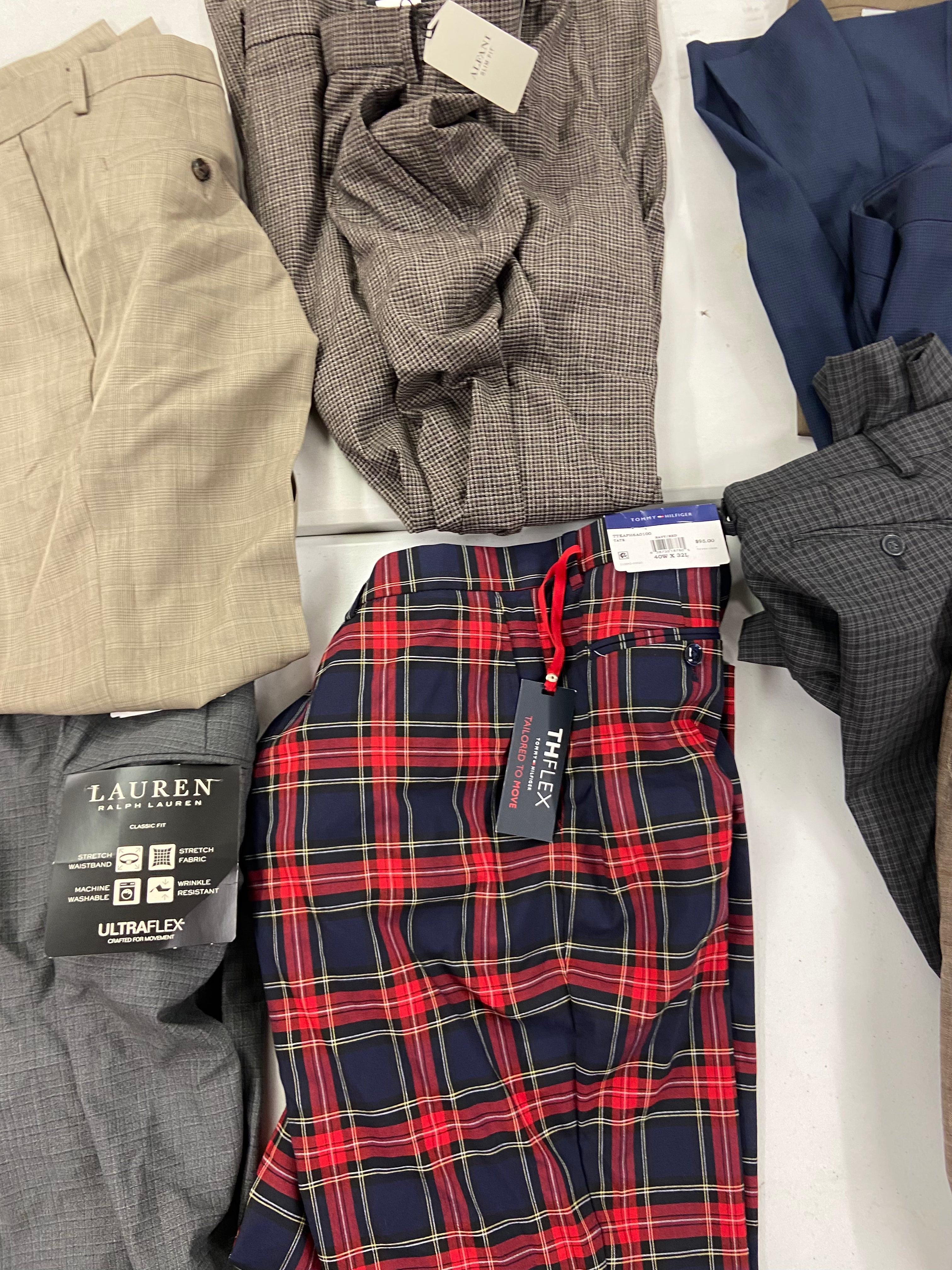 Men's Clothing Dress Pants Wholesale Lot, LAUREN RALPH LAUREN, PERRY ELLIS, TOMMY HILFIGER, KENNETH COLE, CK and more, 8 items, Shelf Pulls, MSRP $815