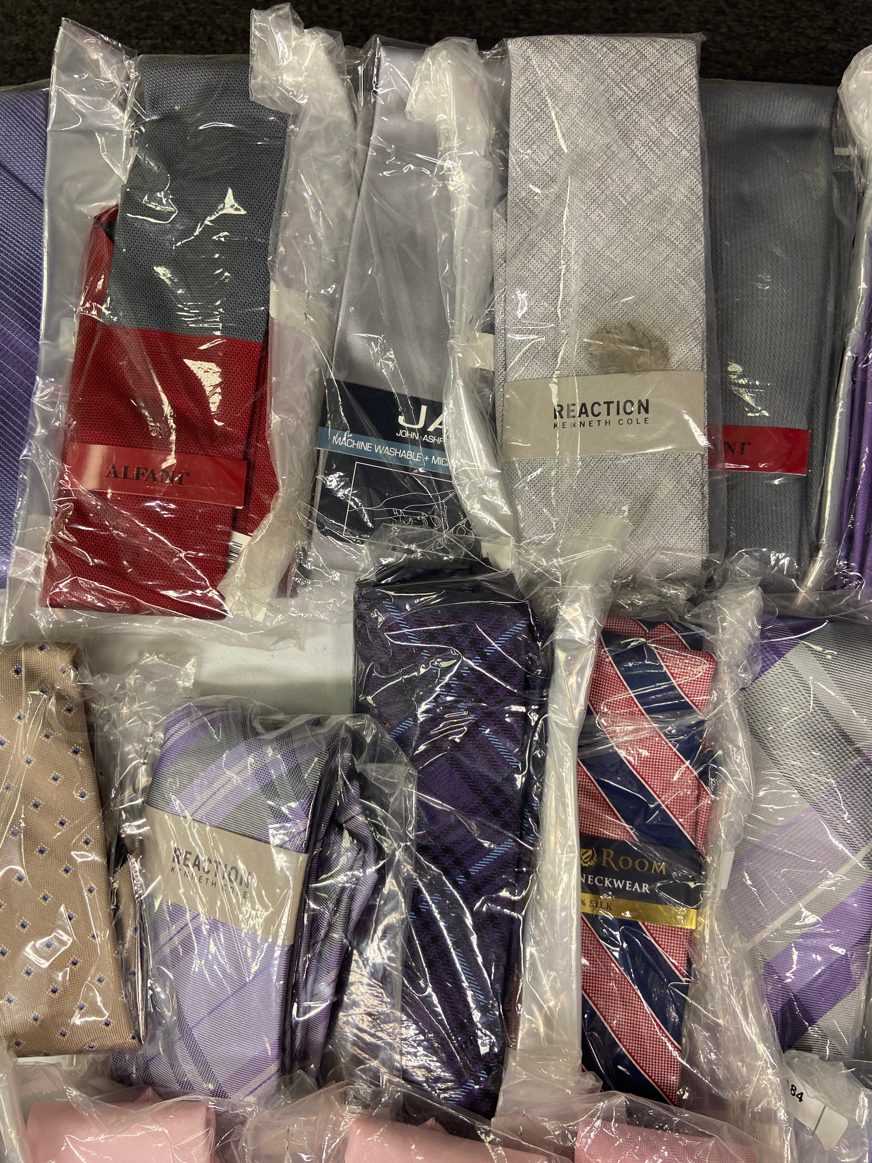 Men's Neckties Wholesale Lot, TOMMY HILFIGER, DKNY, MICHAEL KORS, KENNETH COLE, RYAN SEACREST, CALVIN KLEIN, CLUB ROOM and more, 66 items, CUSTOMER RETURNS