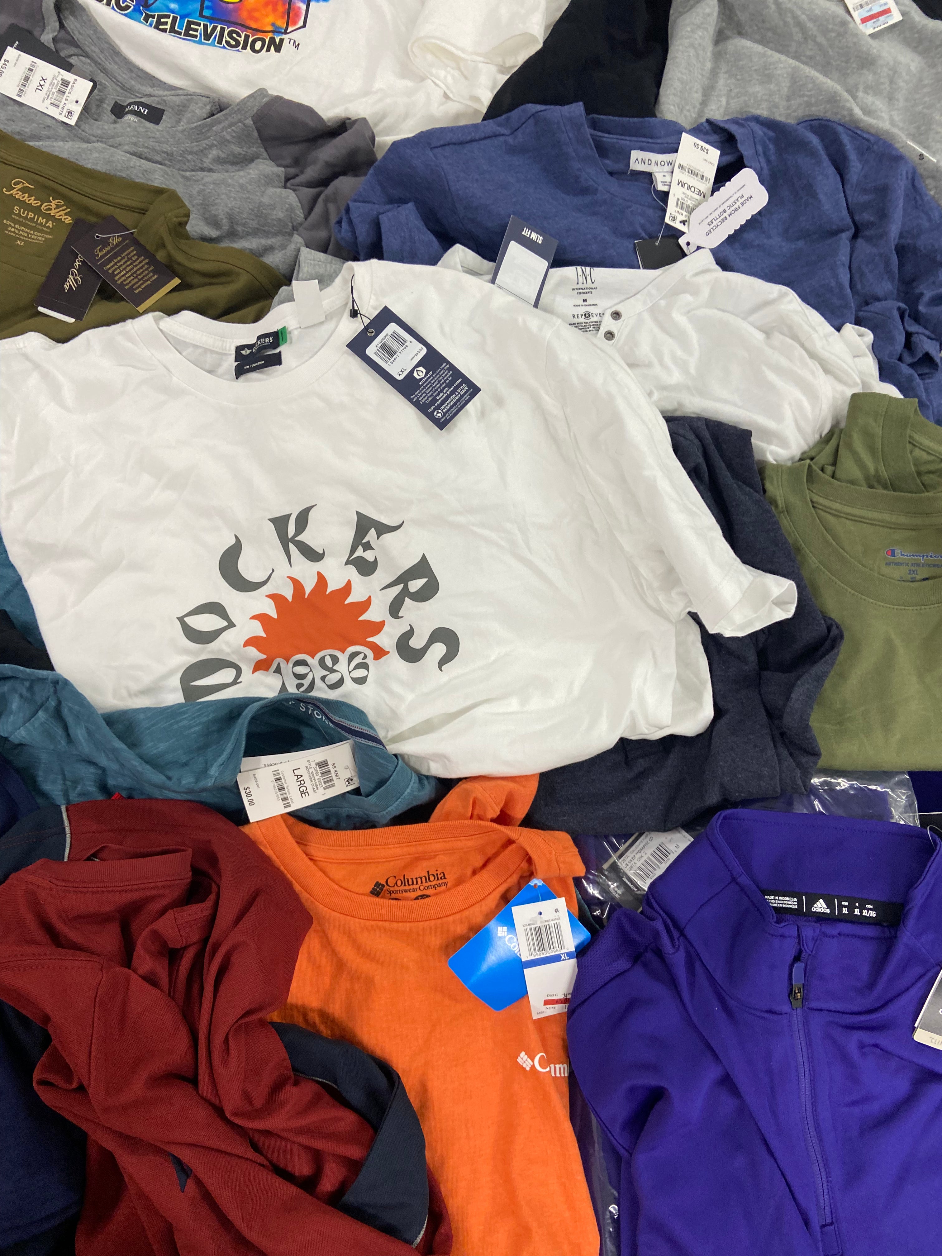 Men's Clothing T-Shirts Wholesale Lot, POLO RALPH LAUREN, ADIDAS, NAUTICA, DOCKERS, TASSO ELBA, CHAMPION and more, 23 items, Shelf Pulls, MSRP $897