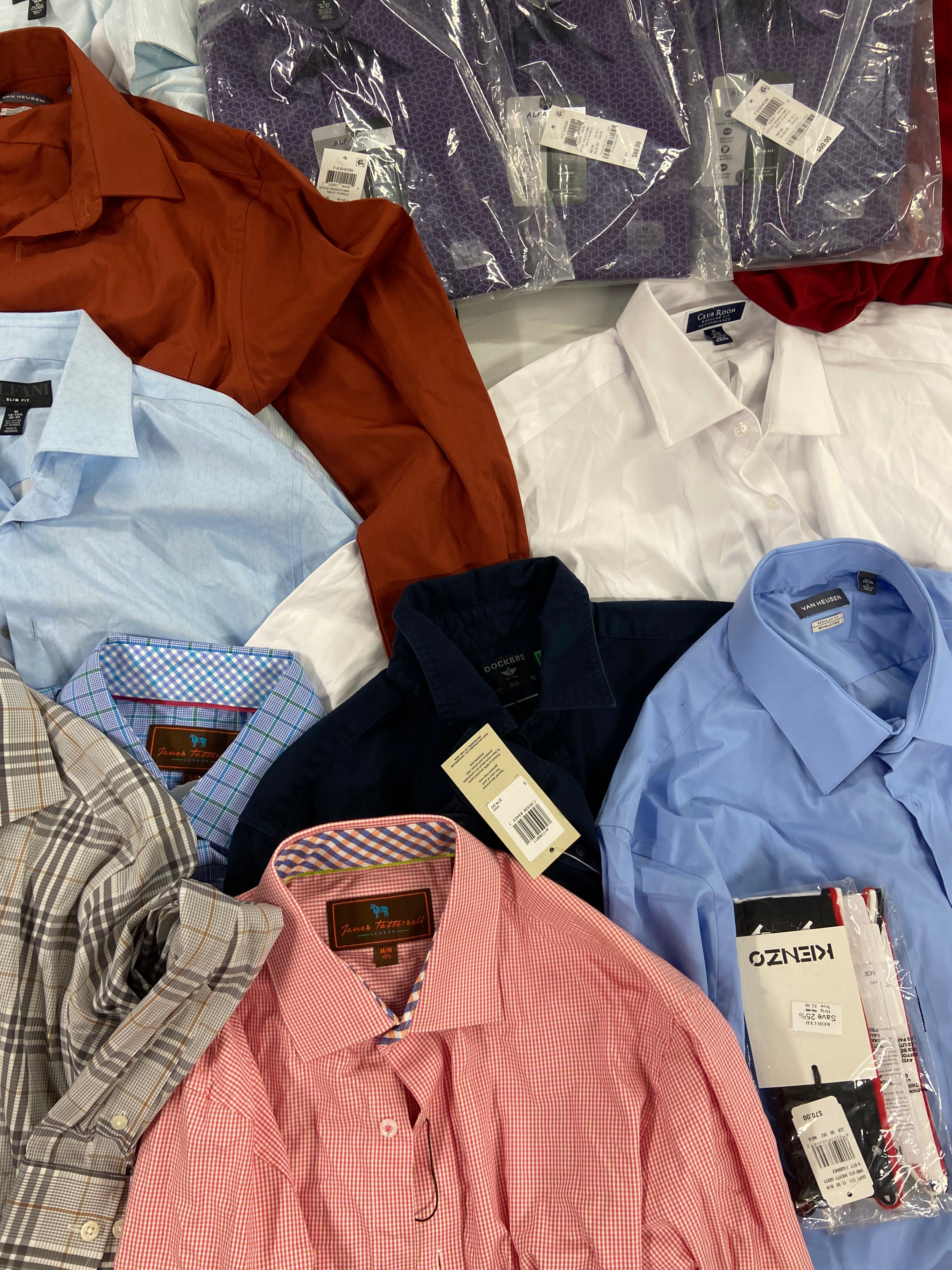 Men's Clothing Dress Shirts Wholesale Lot, LAUREN RALPH LAUREN, DOCKERS, KENZO, JAMES TATTERSAL, VAN HEUSEN and more, 16 items, Shelf Pulls, MSRP $1,003