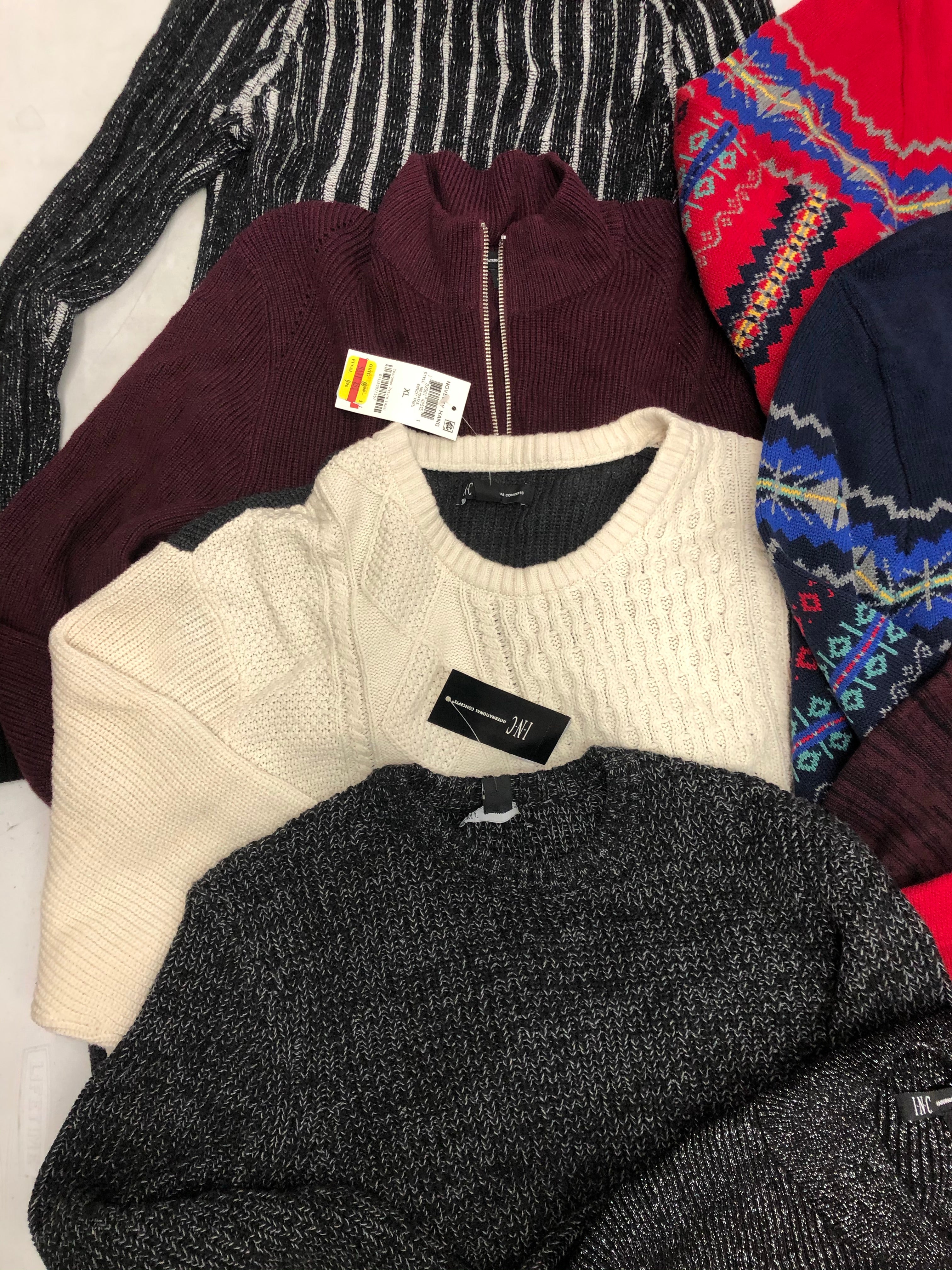 Men's Clothing Sweater Wholesale Lot, Buffalo Jeans, Club Room, INC, 9 Units, Shelf Pulls, MSRP $596.49
