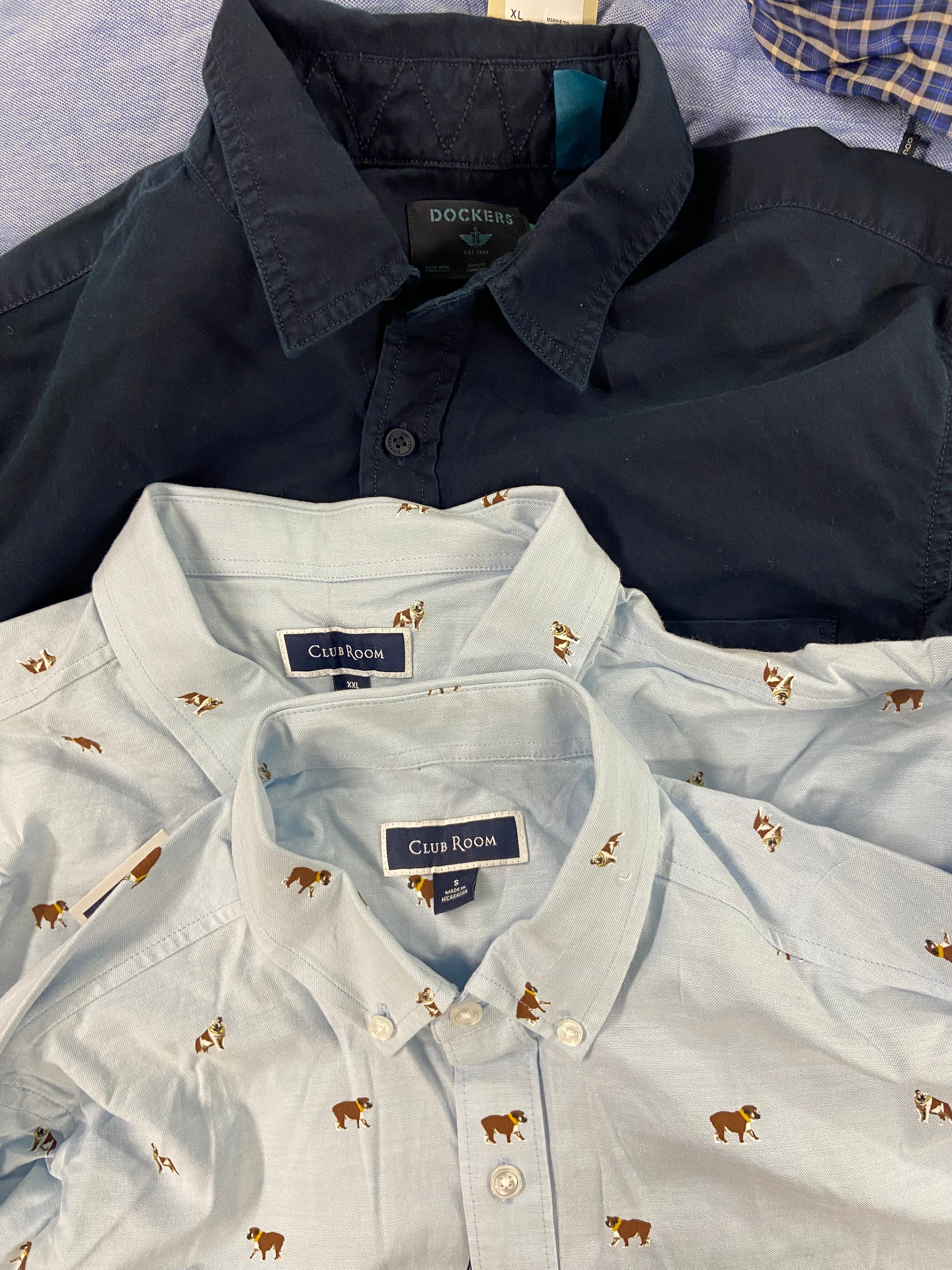 Men's Clothing Button Down Shirts Wholesale Lot, CALVIN KLEIN, DOCKERS, MAGASCHON, TASSO ELBA, CLUB ROOM, 16 items, Shelf Pulls, MSRP $1,027
