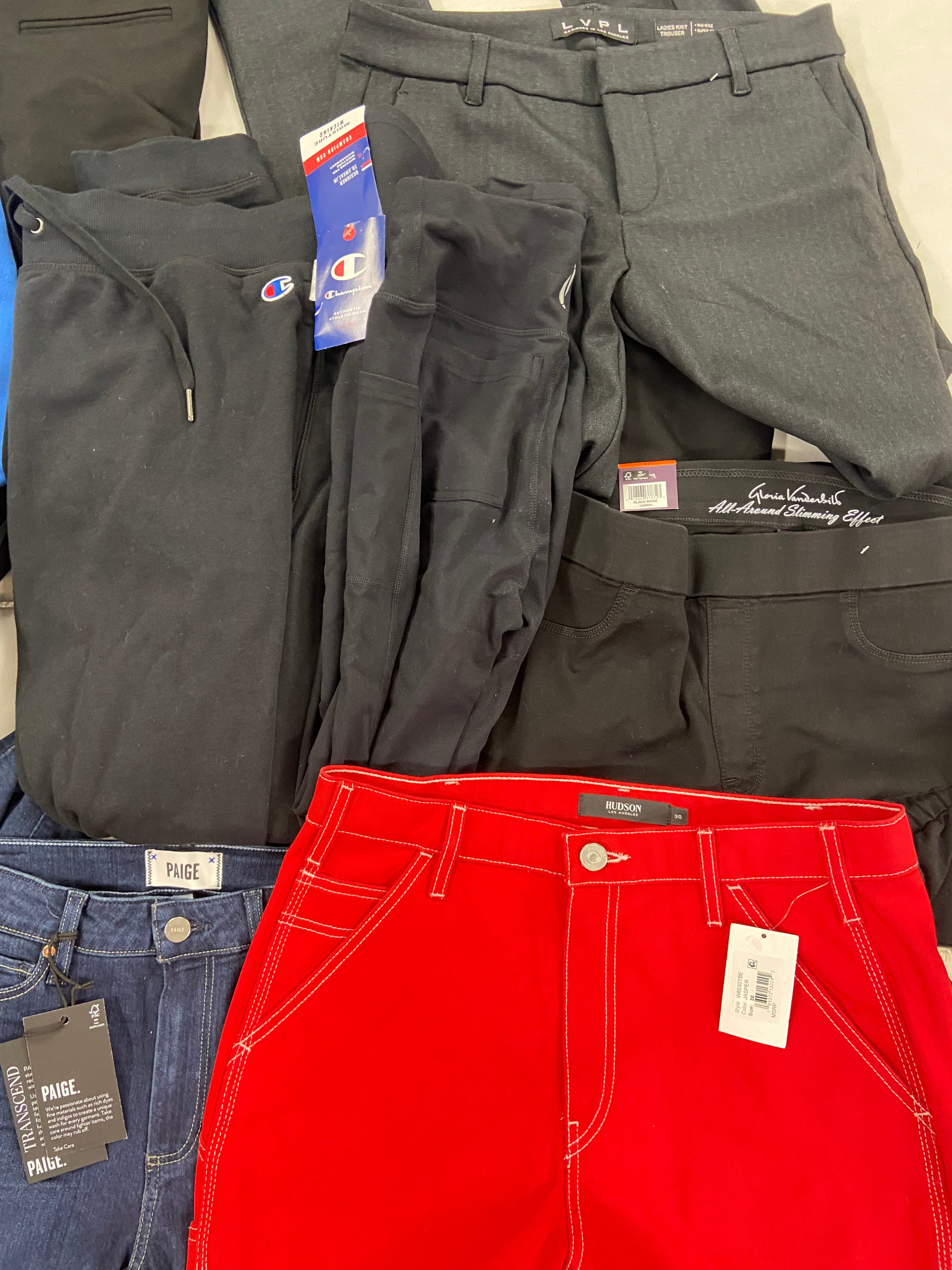 Women's Clothing Bottoms Wholesale Lot, HUDSON, PAIGE, AMERICAN APPAREL, SKECHERS, LVPL, GLORIA VANDERBILT and more, 12 items, Shelf Pulls, MSRP $907
