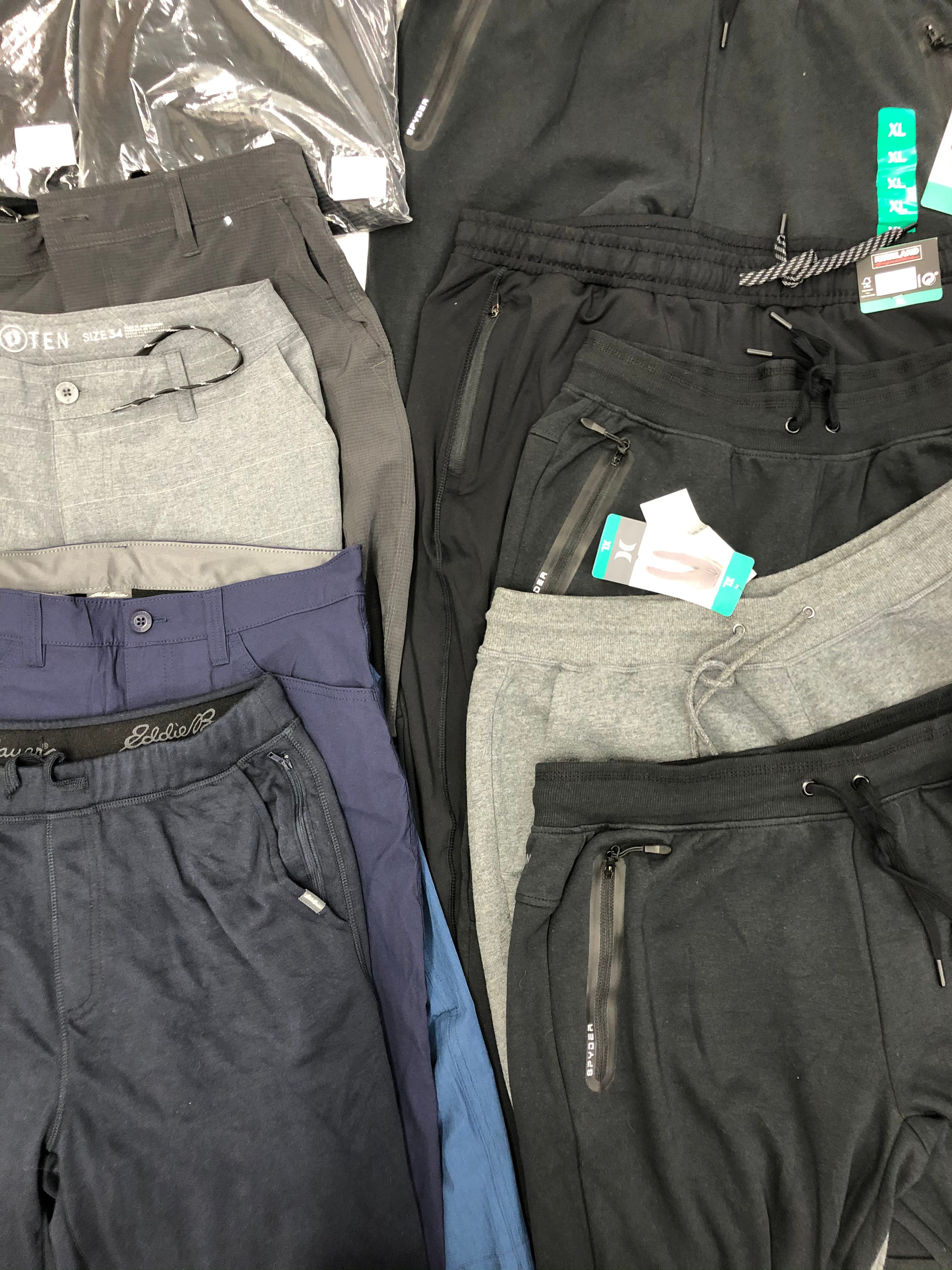 Men's Clothing Bottoms Wholesale Lot, EDDIE BAUER, HURLEY, SPYDER, KIRKLAND, 32 DEGREES and more, 12 items, Shelf Pulls, MSRP $538