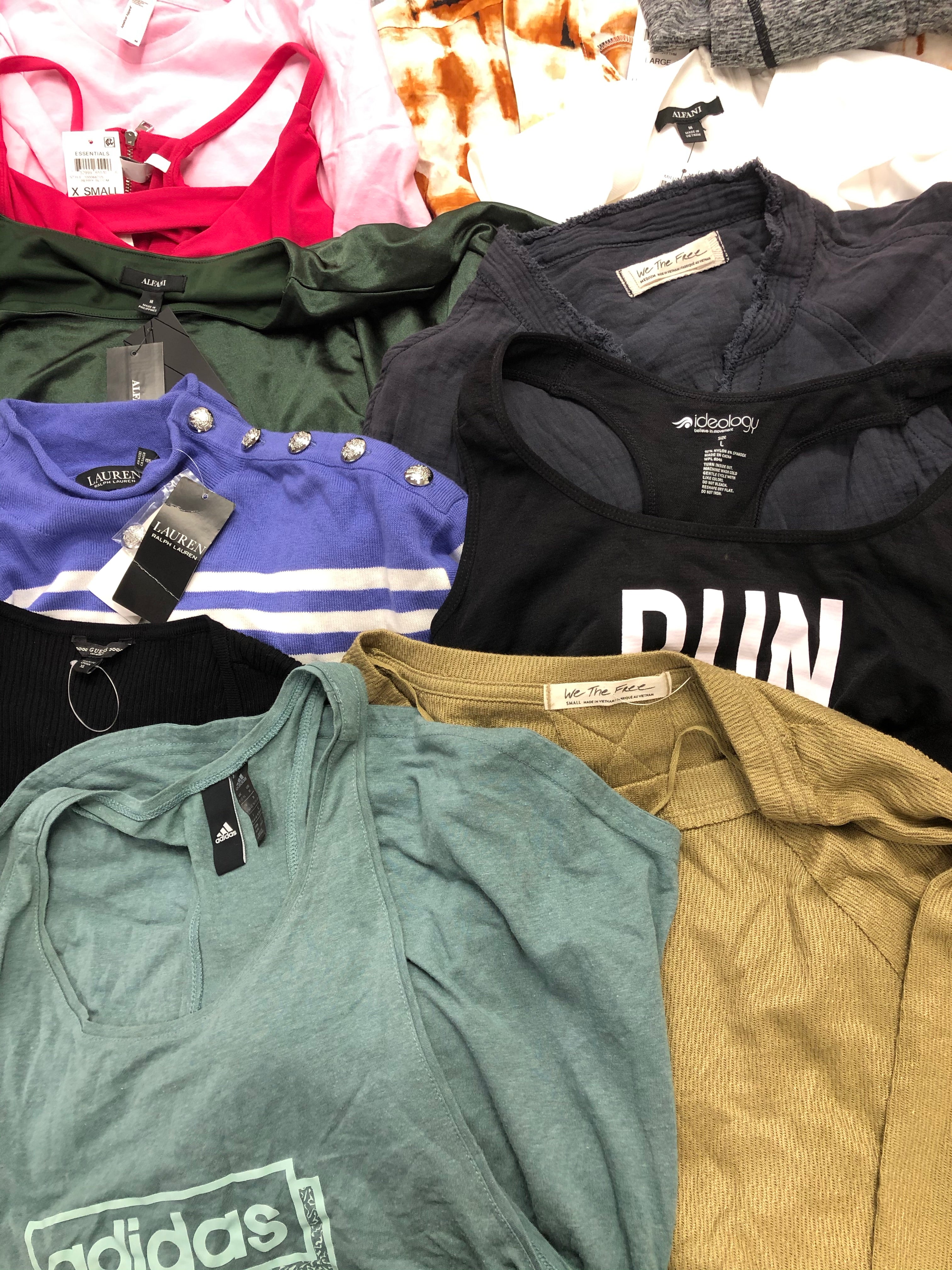 Women's Clothing Tops Wholesale Lot, LAUREN RALPH LAUREN, ADIDAS, CALVIN KLEIN, FREE PEOPLE, GUESS, AMEIRCAN APPAREL, ALFANI and more, 24 items, Shelf Pulls, MSRP $1,223