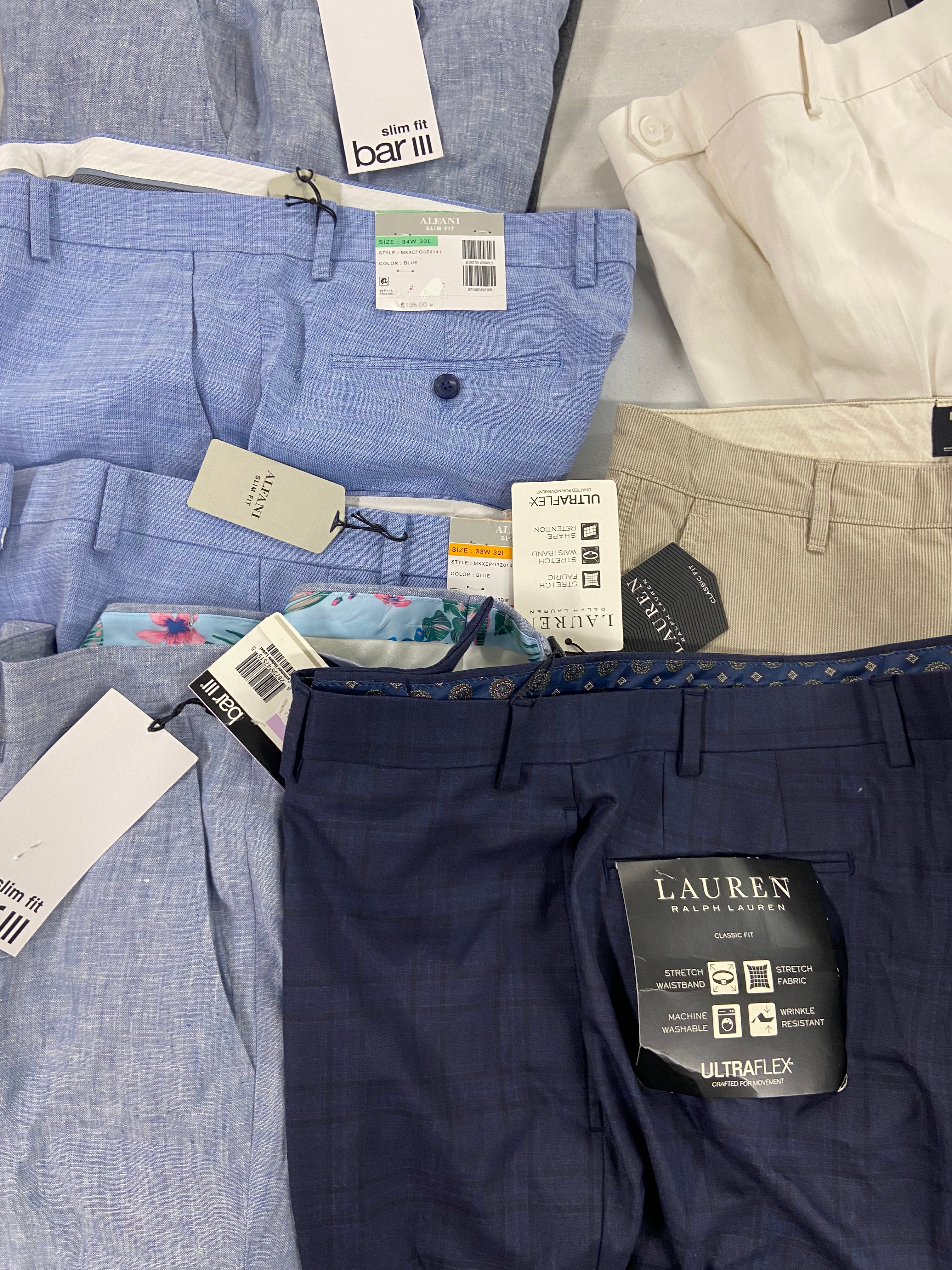 Men's Clothing Dress Pants and Others, Wholesale Lot, LAUREN RALPH LAUREN, MICHAEL KORS, DOCKERS, PERRY ELLIS, Bar III and more, 12 items, Shelf Pulls, MSRP $1,362