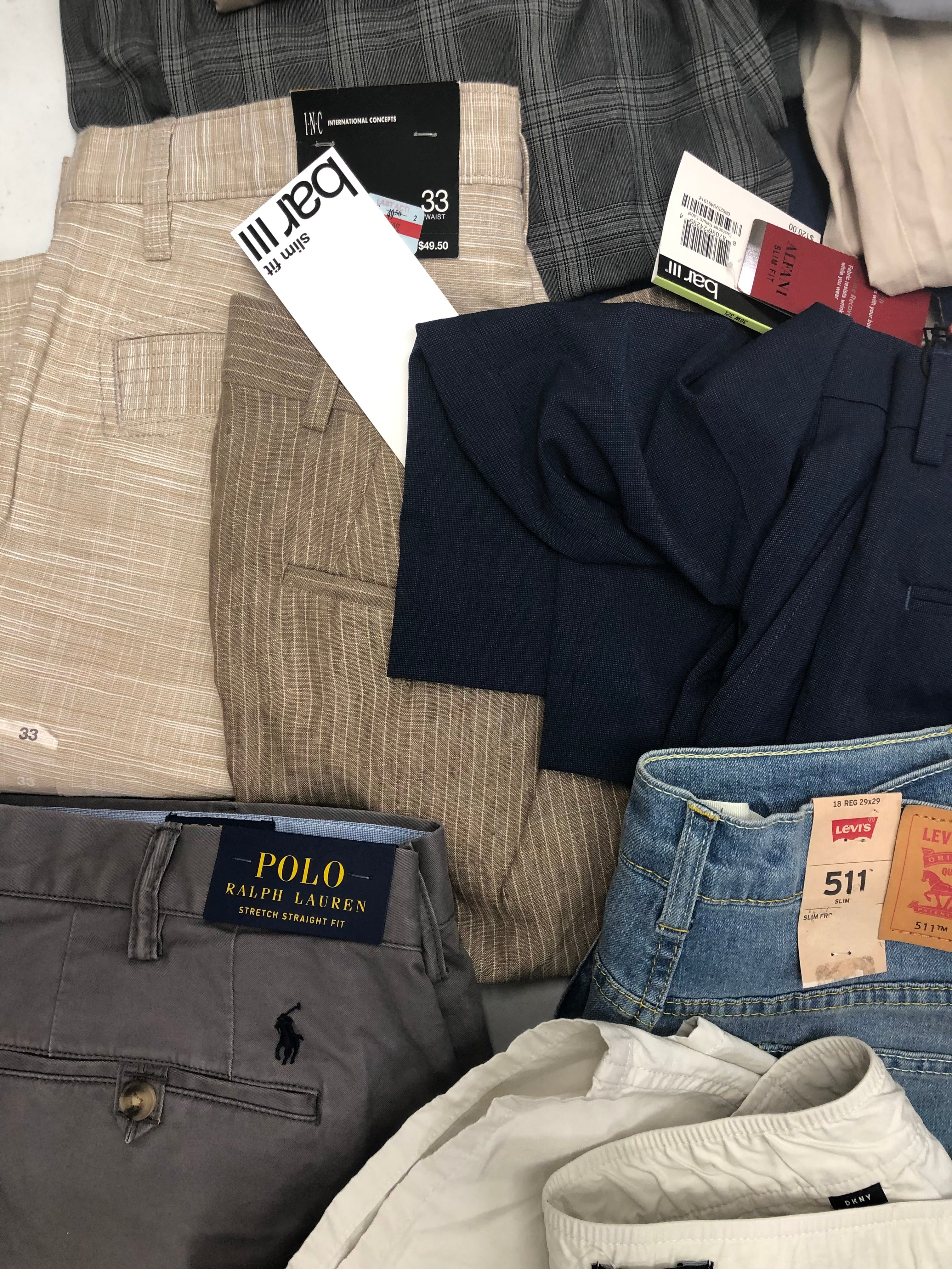 Men's Clothing Bottom Wholesale Lot, POLO RALPH LAUREN, DKNY, LEVI'S, TASSO ELBA, ALFANI and more,  33 Units, Shelf Pulls, MSRP $2,433.49