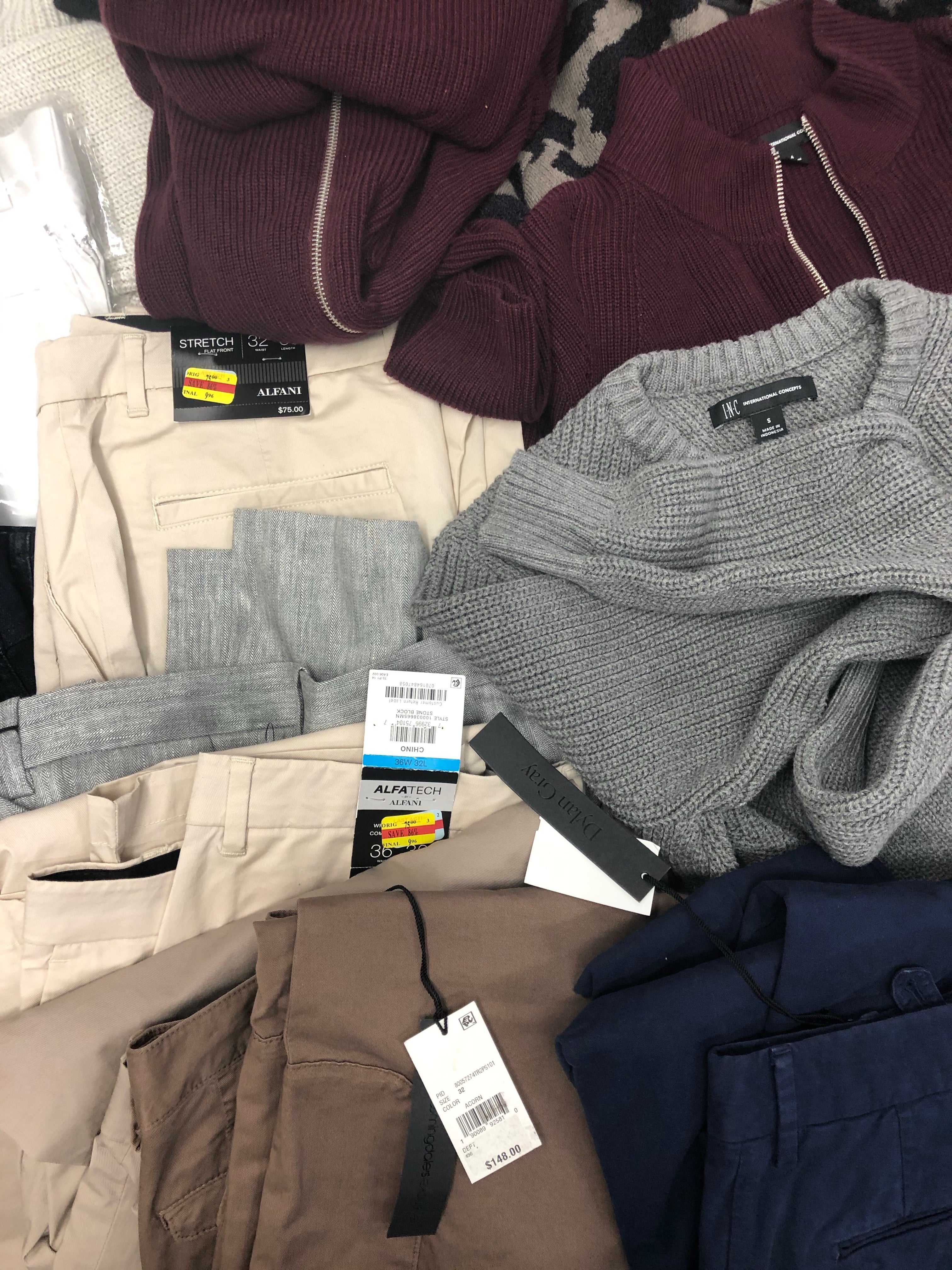 Men's Clothing Assorted Wholesale Lot, BUFFALO JEANS, DYLAN GRAY, ALFANI and more, 22 Units, Shelf Pulls, MSRP $1,802.98