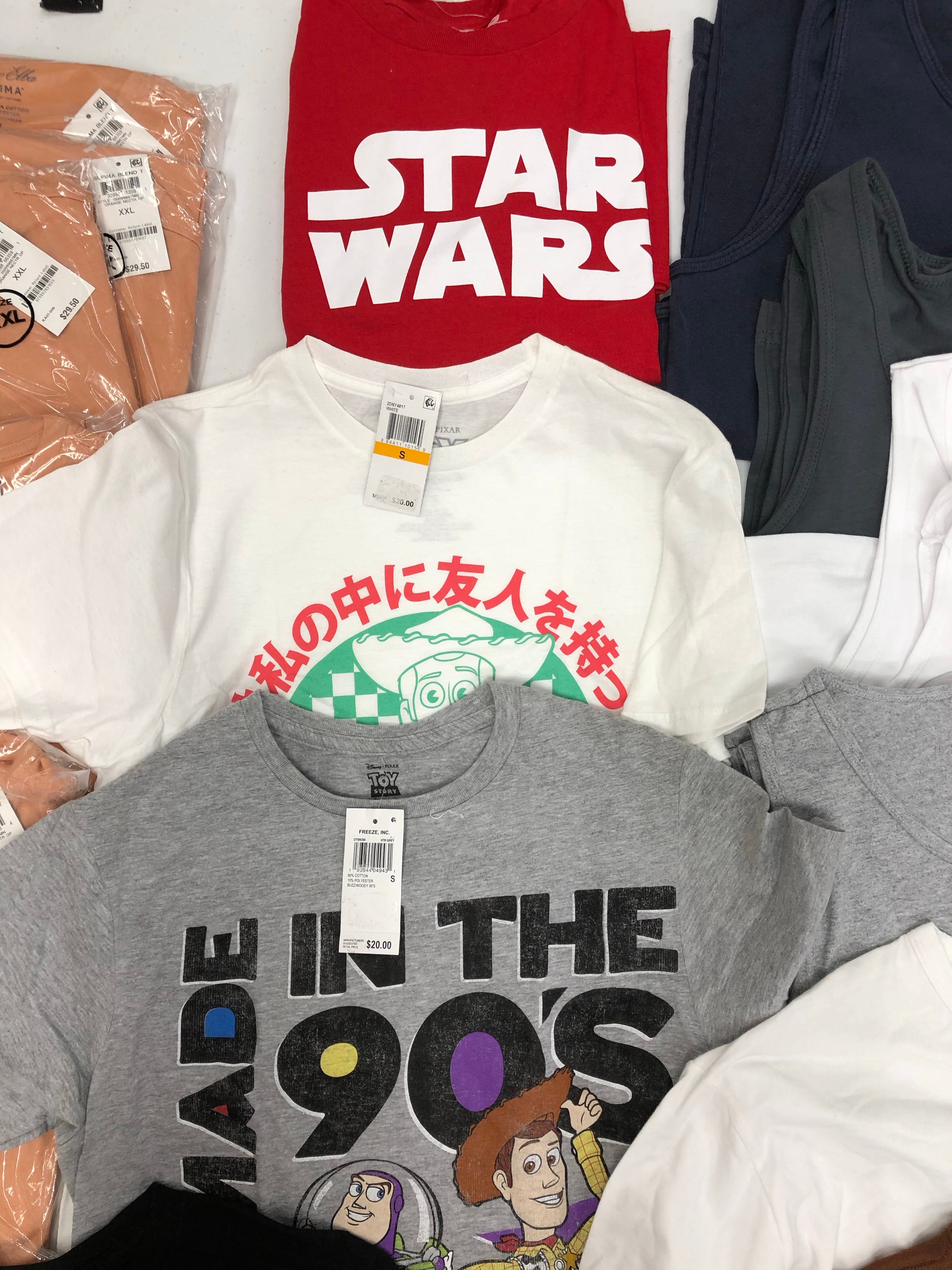 Men's Clothing Tops, Character T-Shirts and more, Wholesale Lot, LEVI'S, CALVIN KLEIN, TASSO ELBA, DISNEY, AMERICAN APPAREL and more, 29 items, Shelf Pulls, MSRP $671
