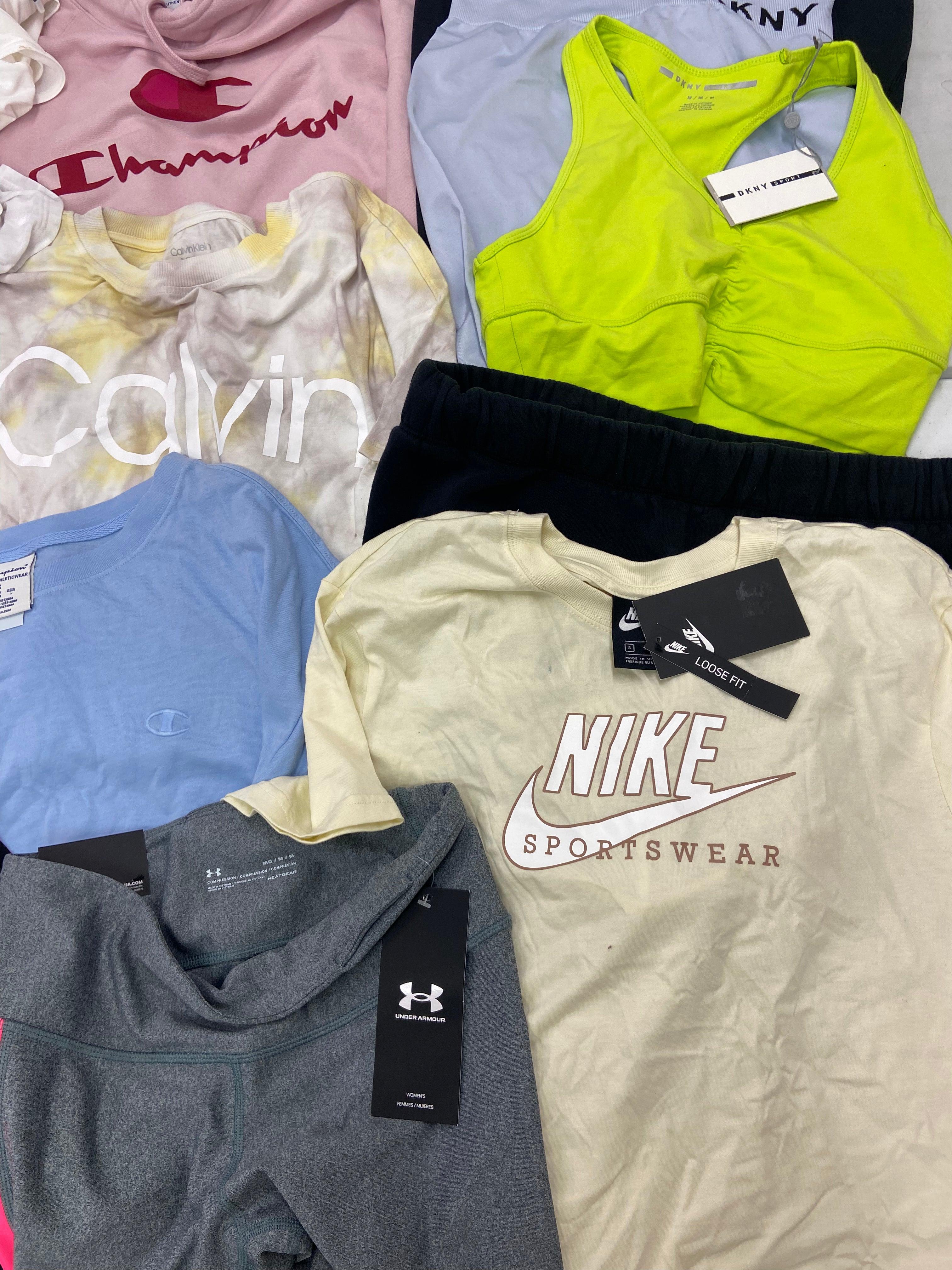Women's Clothings Activewear Wholesale Lot, NIKE, CALVIN KLEIN, DKNY, UNDER ARMOUR, CHAMPION, REEBOK, IDEOLOGY, DANSKIN and more, 16 items, CUSTOMER RETURNS