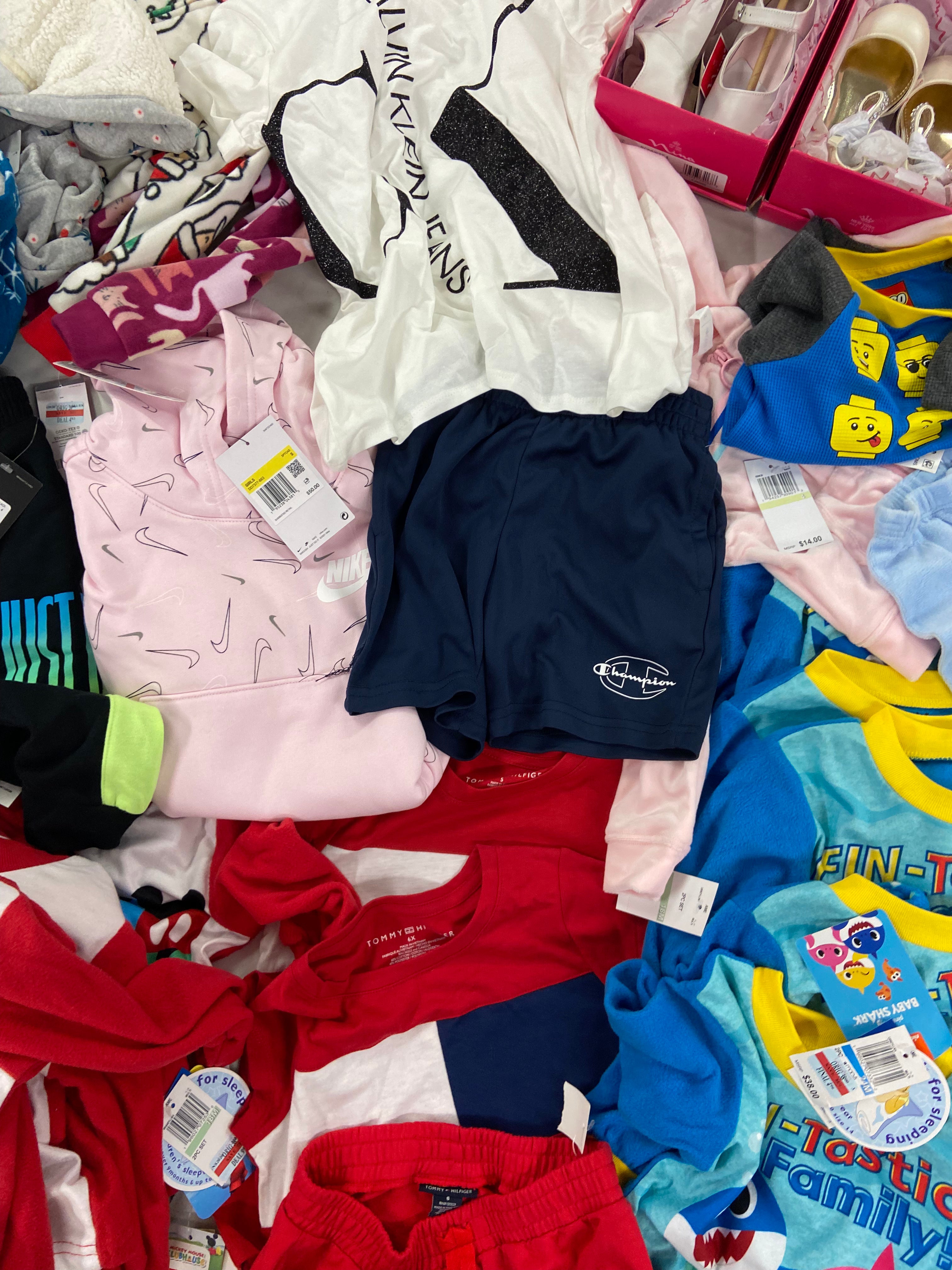 Baby's / Kid's Assorted Clothing Wholesale Lot, NIKE, TOMMY HILFIGER, PINKFONG, CALVIN KLEIN, NINA DOLL, CHAMPION, CARTER'S and more, 31 items, Shelf Pulls, MSRP $971