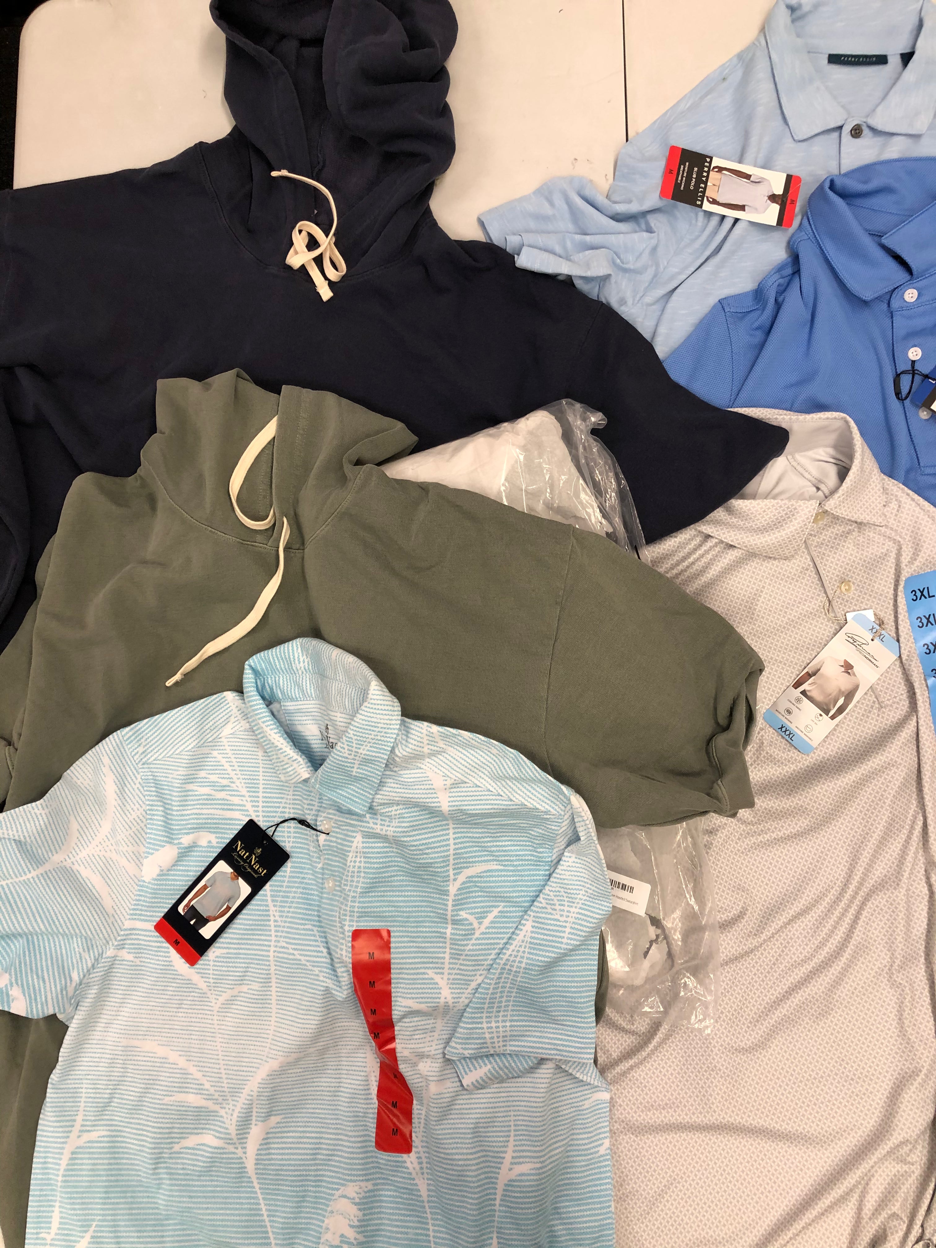 Men's Clothing Polos and Hoodies Wholesale Lot, PERRY ELLIS, GREG NORMAN, AMERICAN APPAREL, NAT NAST and more, 10 items, Shelf Pulls, MSRP $450