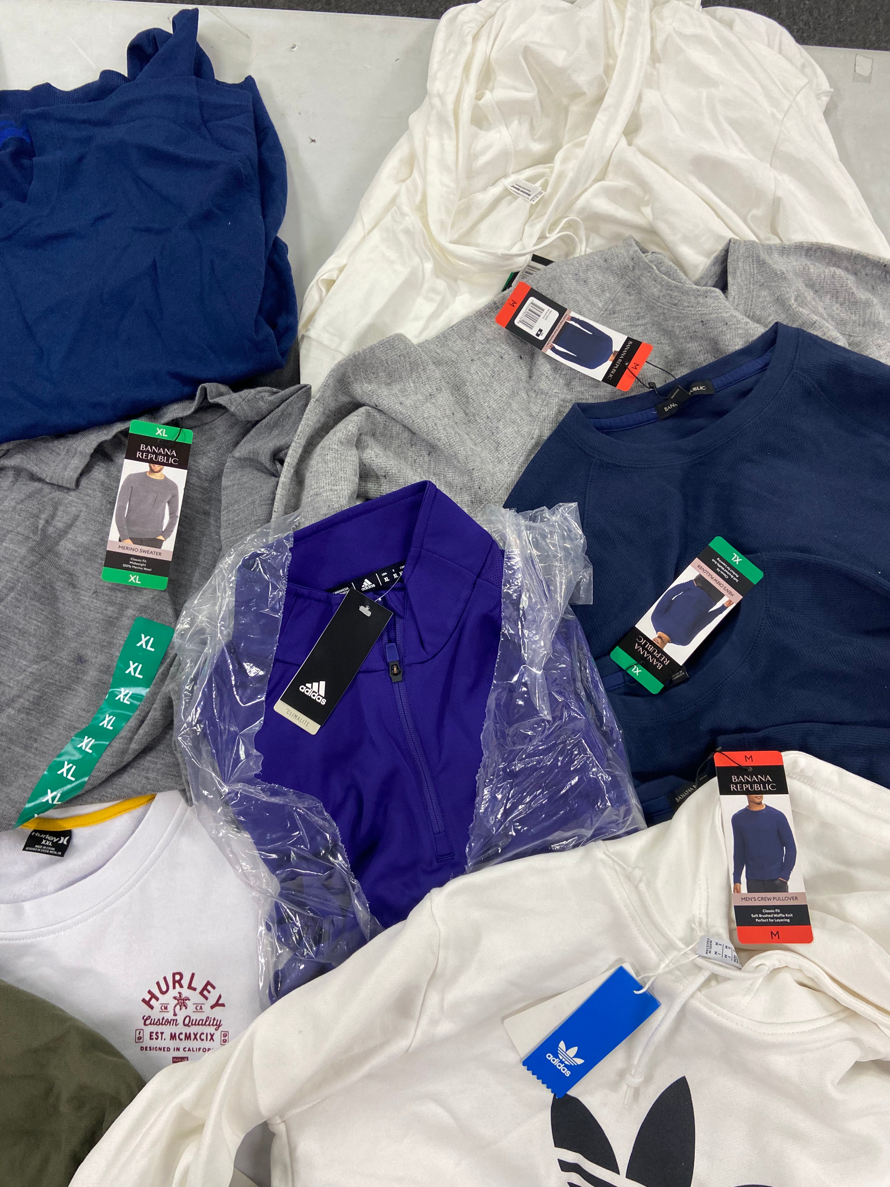 Men's Clothing Sweaters & Other tops Wholesale Lot, BANANA REPUBLIC, HURLEY, ADIDAS, and more, 13 items, Shelf Pulls, MSRP $687