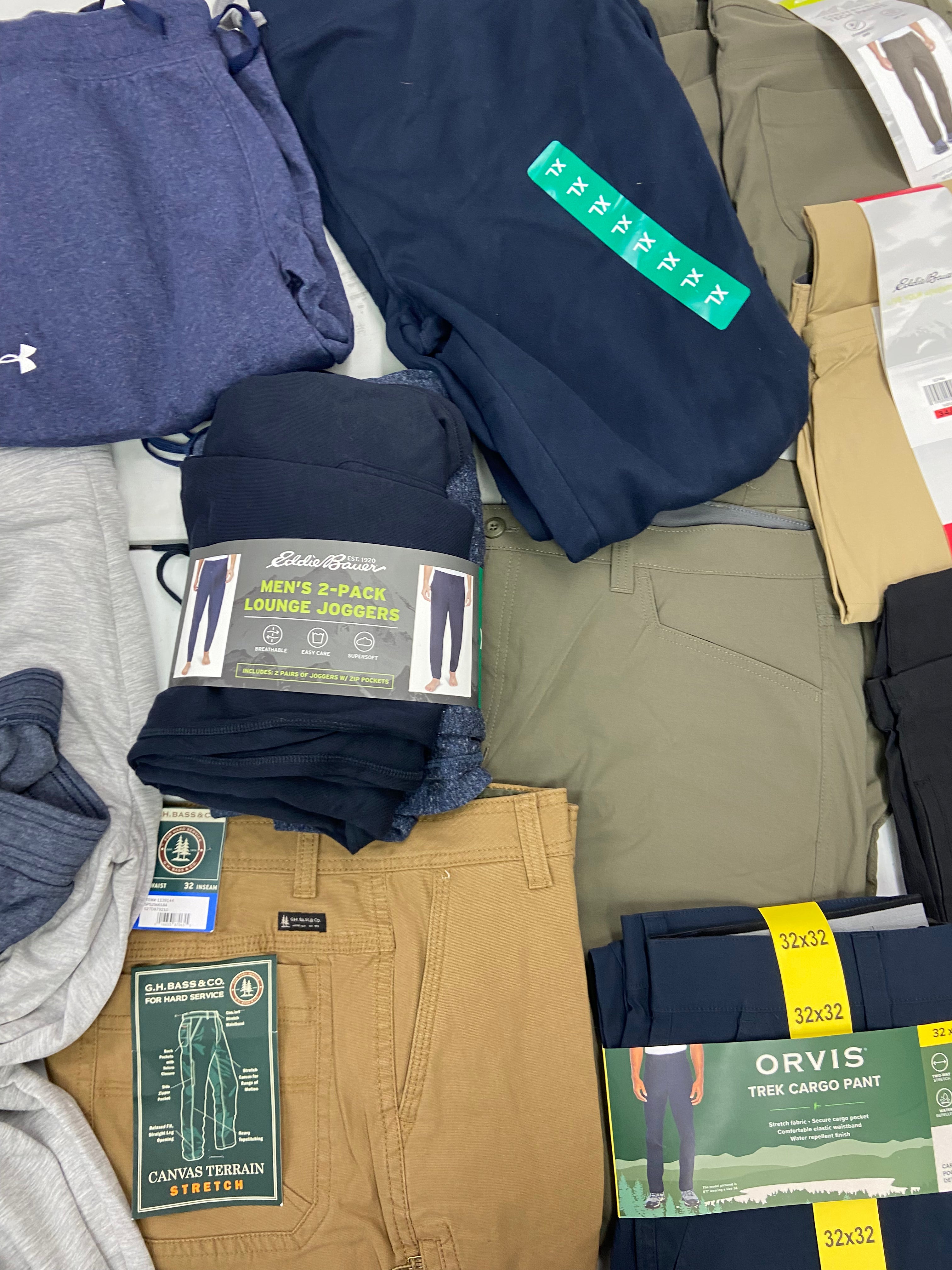 Men's Clothing Pants Wholesale Lot, NAUTICA, UNDER ARMOUR, EDDIE BAUER, GH BASS and more, 11 items, Shelf Pulls, MSRP $690