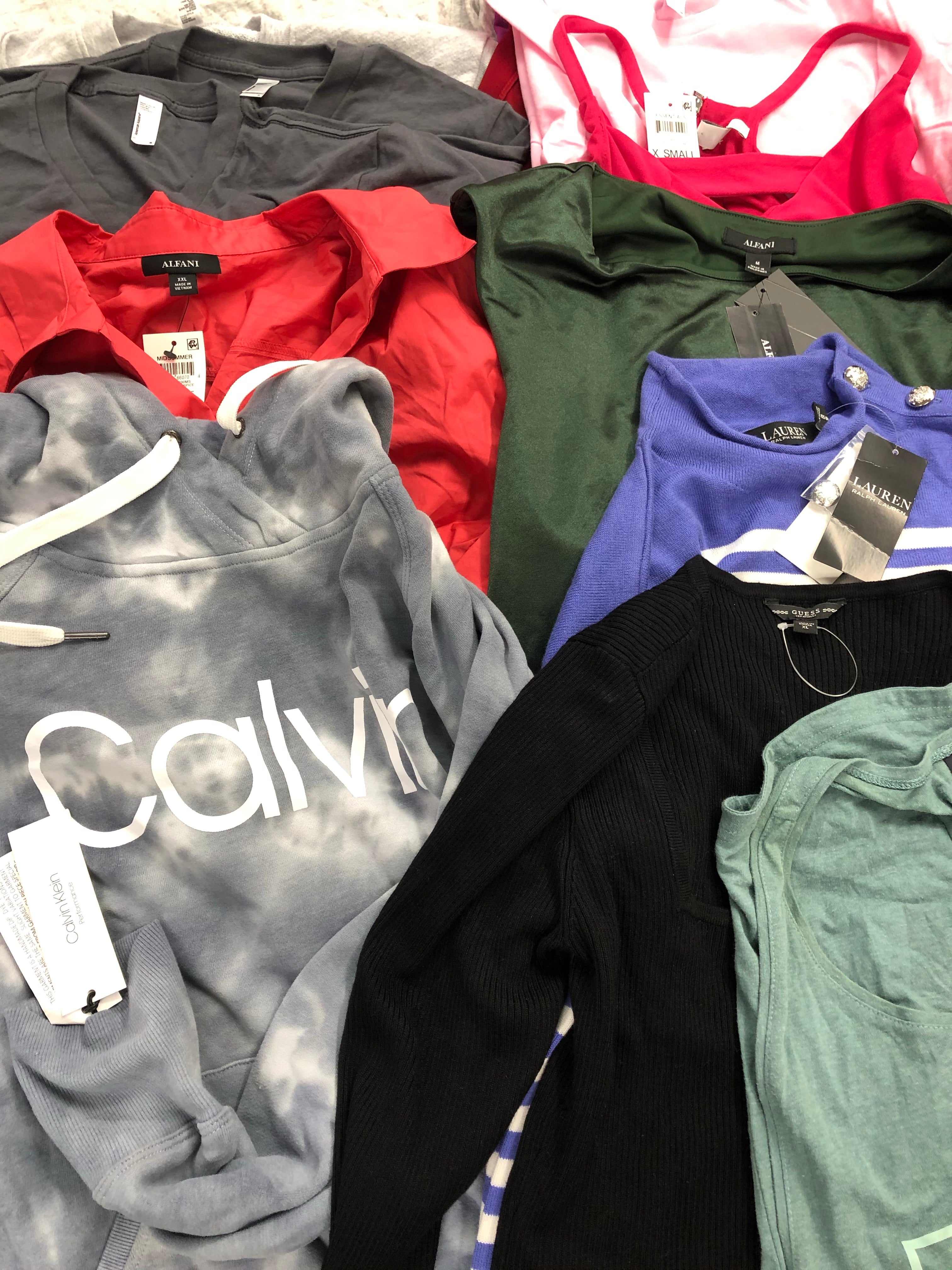 Women's Clothing Tops Wholesale Lot, LAUREN RALPH LAUREN, ADIDAS, CALVIN KLEIN, FREE PEOPLE, GUESS, AMEIRCAN APPAREL, ALFANI and more, 24 items, Shelf Pulls, MSRP $1,223