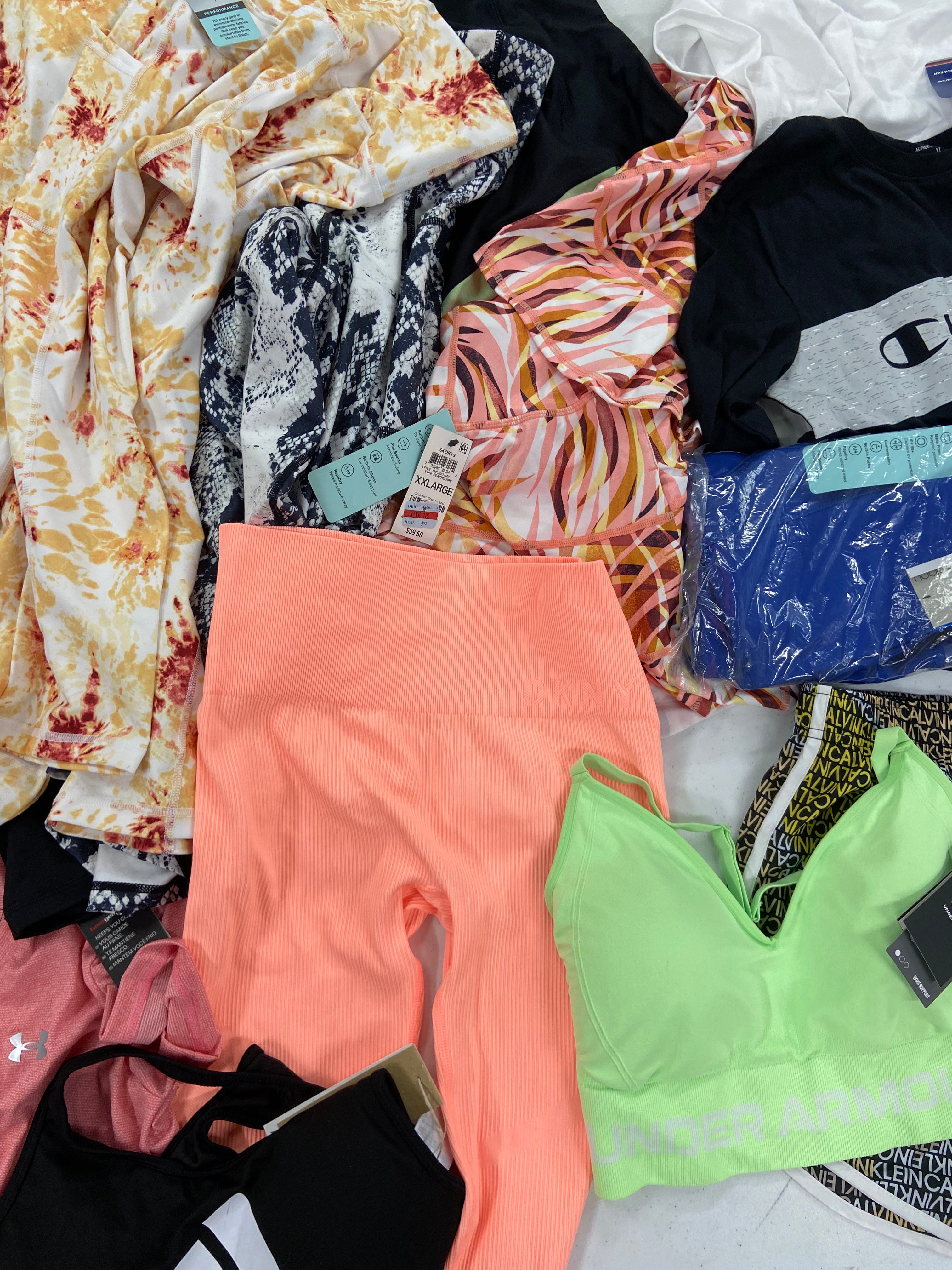 Women's Clothing Wholesale Lot, UNDER ARMOUR, ADIDAS, CALVIN KLEIN, CHAMPION, DKNY and more, 17 items, Shelf Pulls, MSRP $628