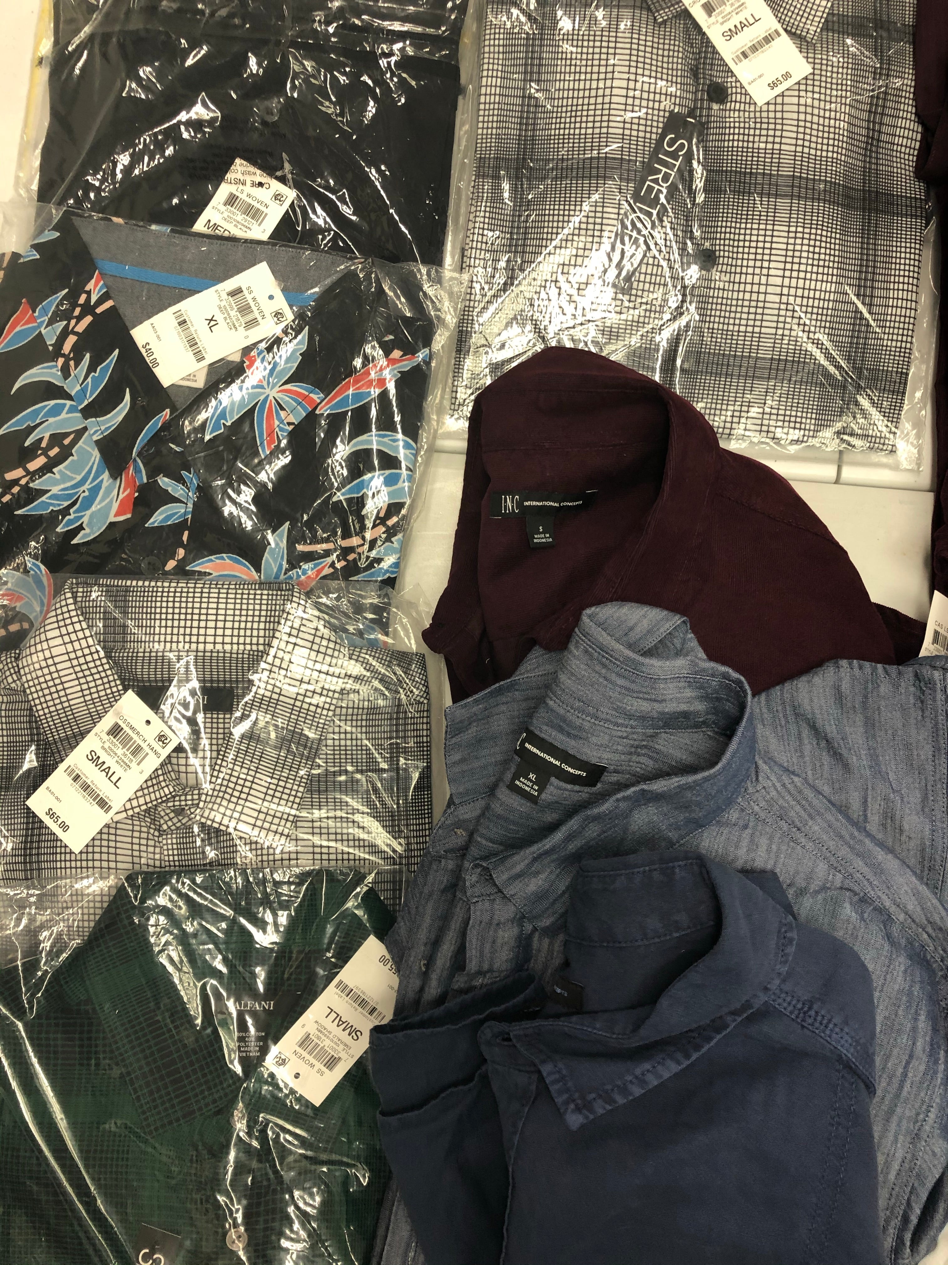 Men's Clothing Button Down Shirt Wholesale Lot, TASSO ELBA, SUN + STONE, Alfani and more, 16 Units, Shelf Pulls, MSRP $1,171
