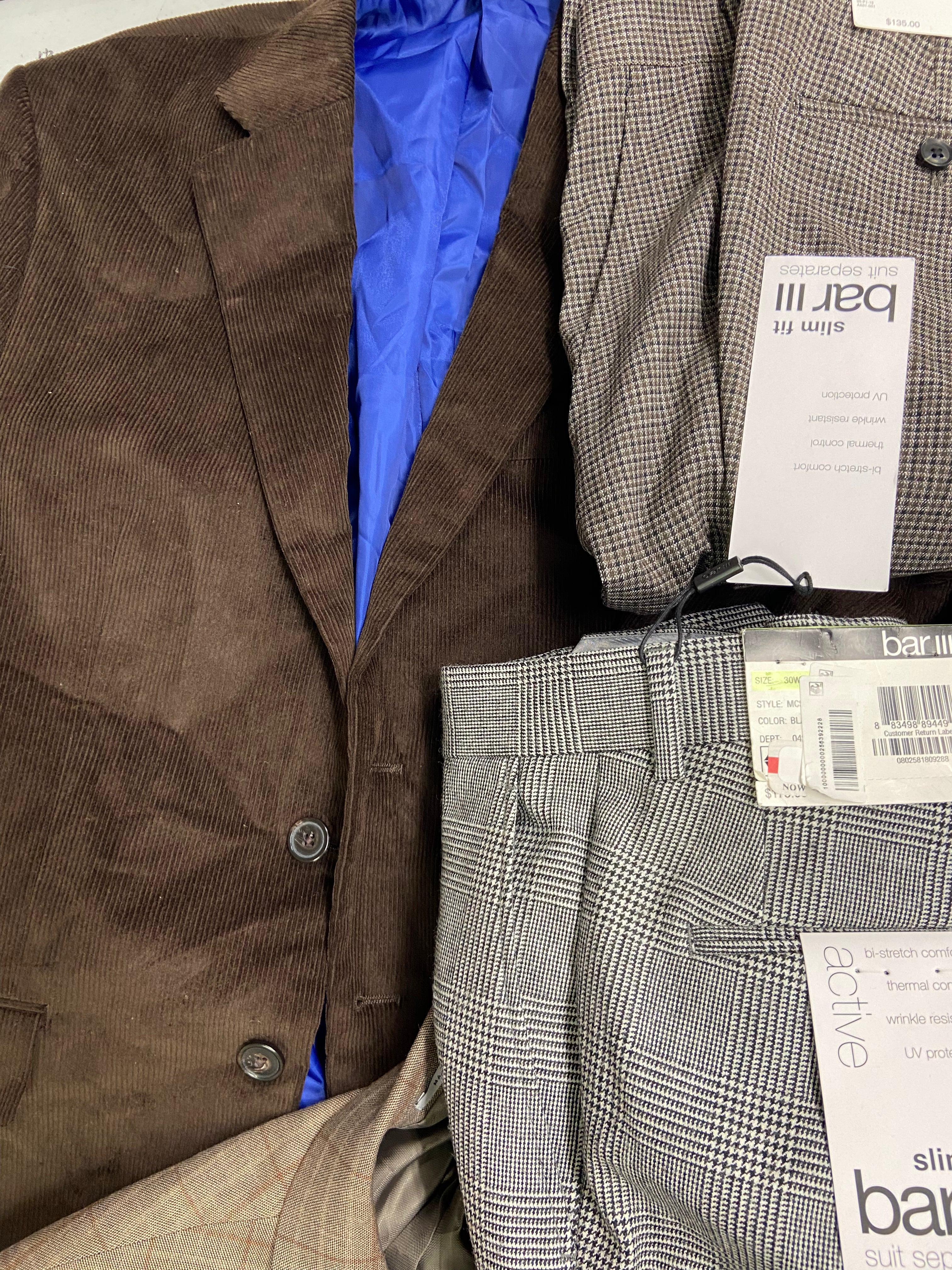 Men's Clothing Blazers & Dress Pants Wholesale Lot, ALFANI, CLUB ROOM, BAR III, 8 items, Shelf Pulls, MSRP $1,921