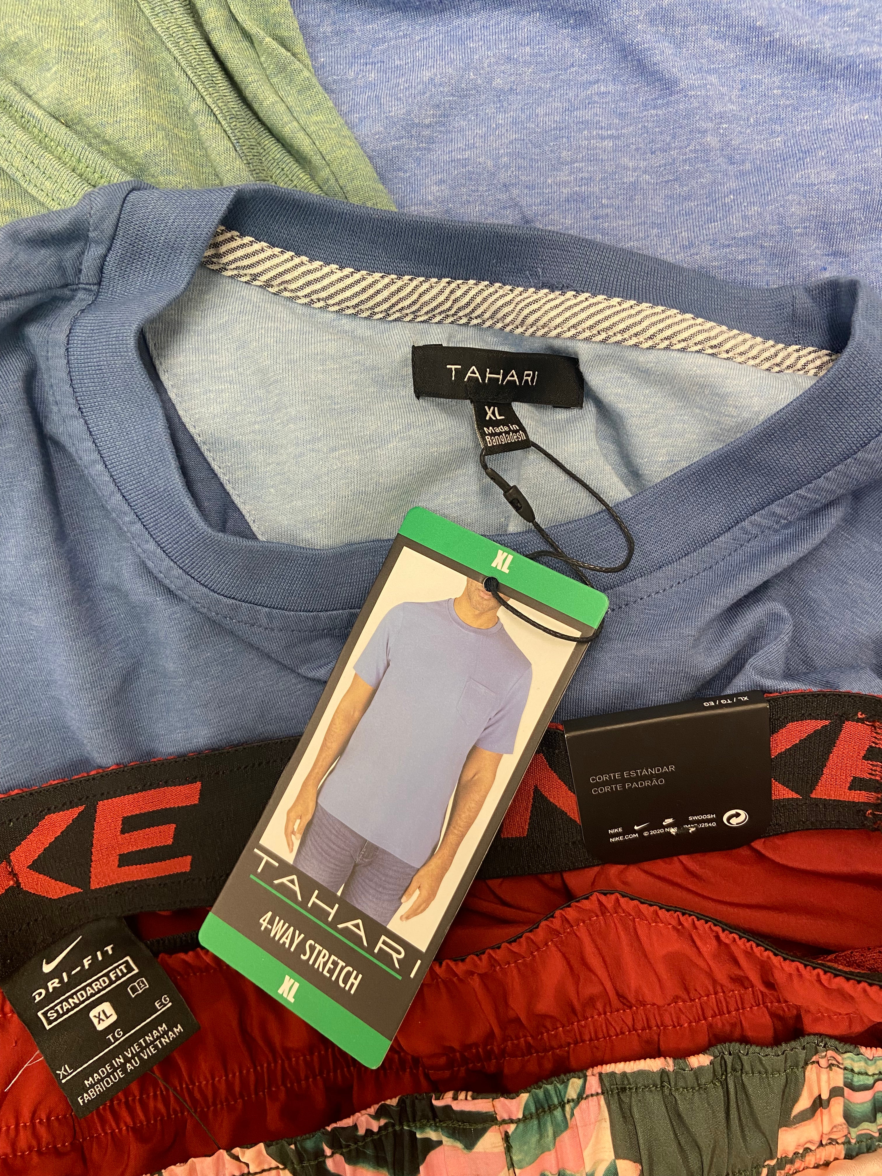 Men's Clothing Assorted Wholesale Lot, NIKE, ADIDAS, LUCKY BRAND, TAHARI, BUFFALO JEANS, KIRKLAND and more, 24 items, Shelf Pulls, MSRP $781