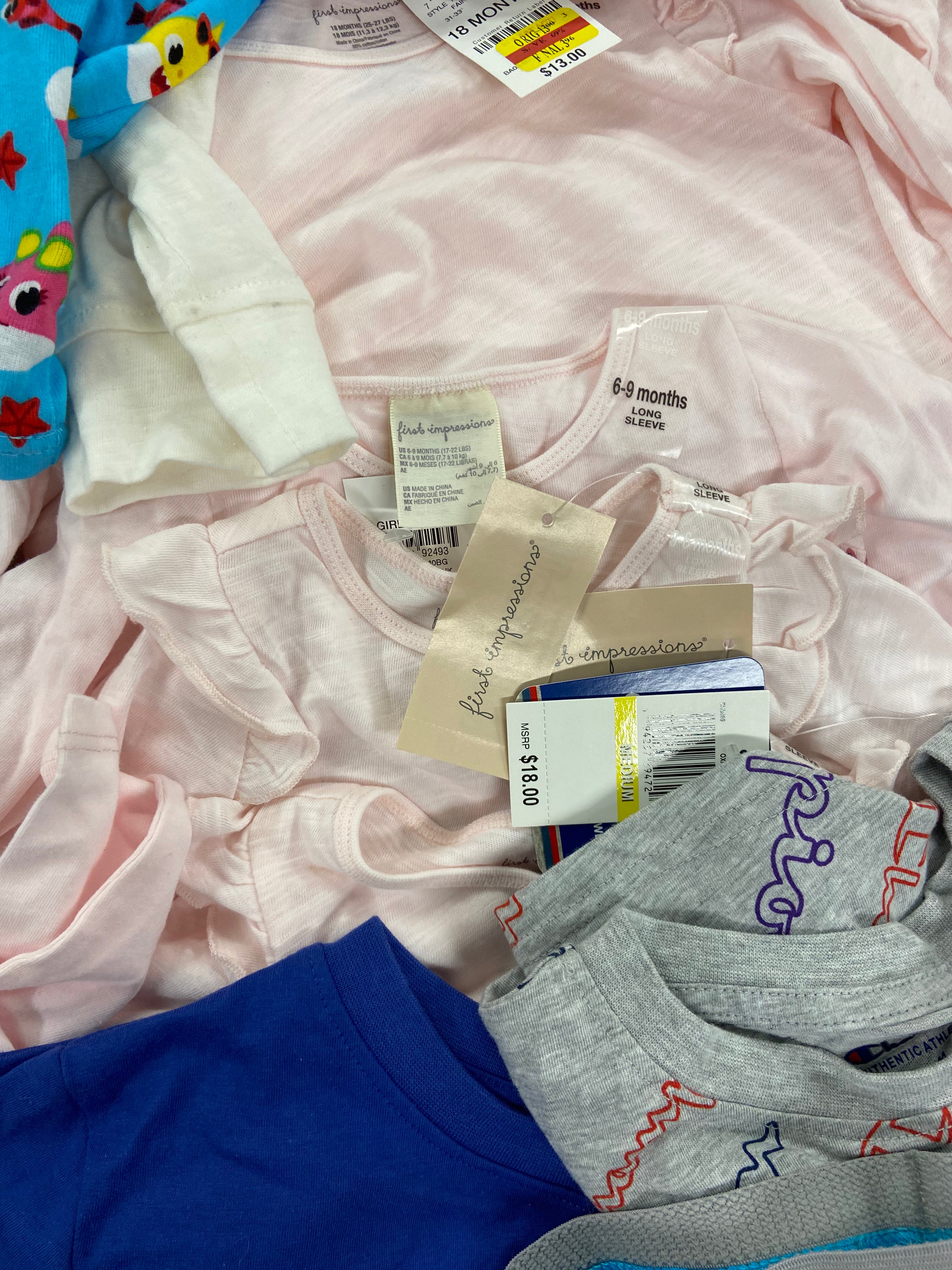 Baby's Clothing Assorted Wholesale Lot, TOMMY HILFIGER, NAUTICA, CALVIN KLEIN CHAMPION, PINKFONG, FIRST IMPRESSIONS and more, 35 items, Shelf Pulls, MSRP $598