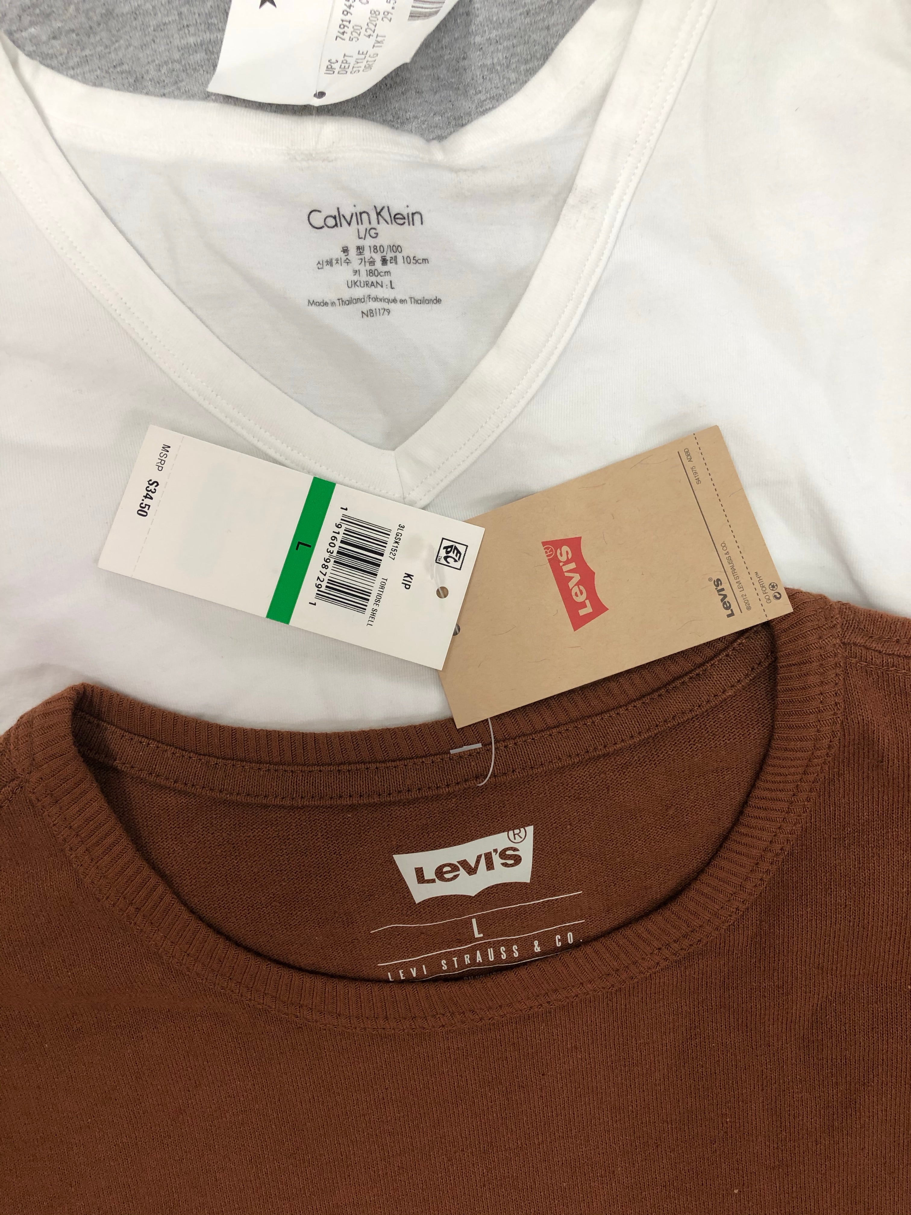 Men's Clothing Tops, Character T-Shirts and more, Wholesale Lot, LEVI'S, CALVIN KLEIN, TASSO ELBA, DISNEY, AMERICAN APPAREL and more, 29 items, Shelf Pulls, MSRP $671