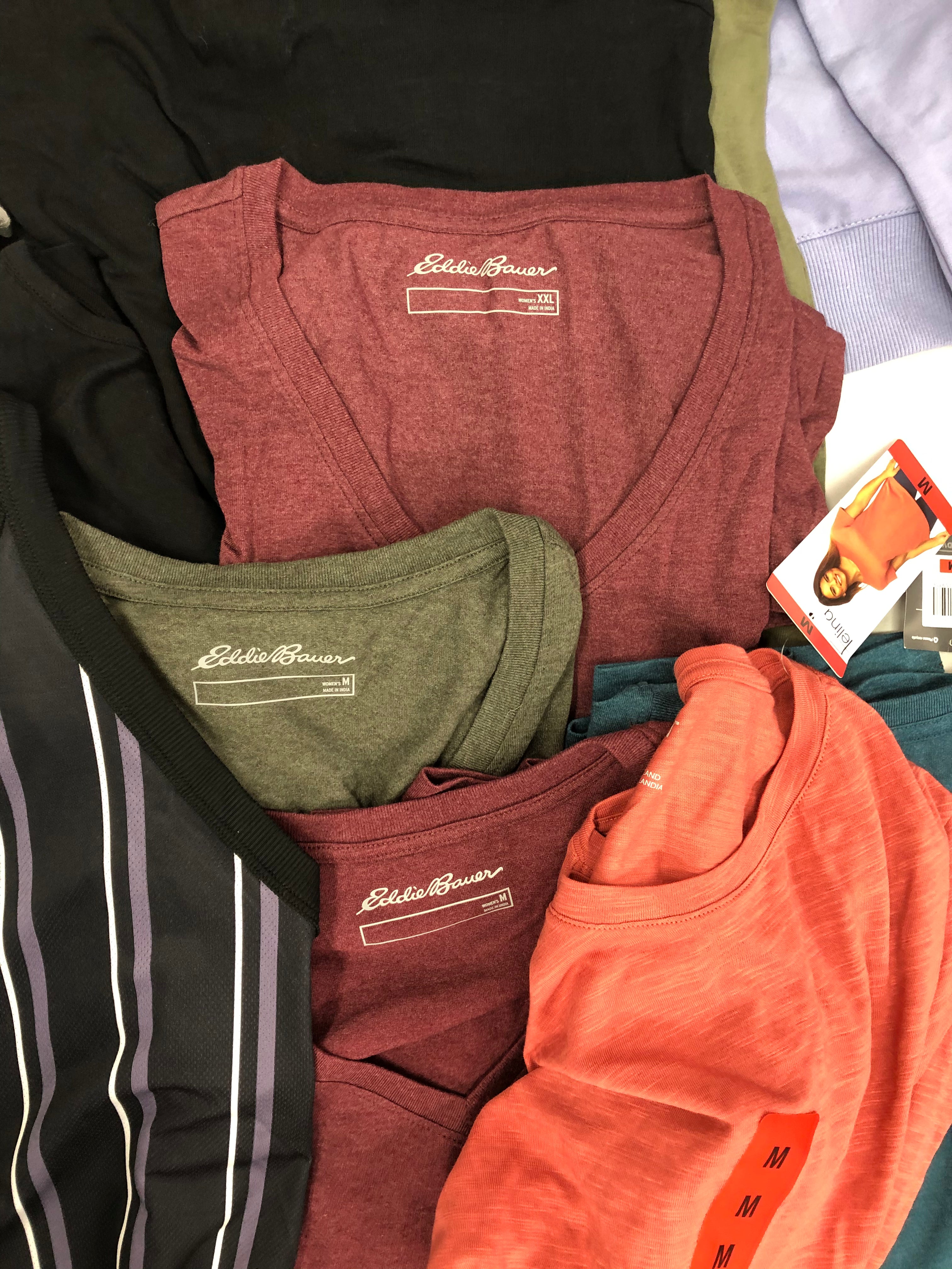 Women's Clothing T-shirts and Other Tops Wholesale Lot, NIKE, LUCKY BRAND, FILA, EDDIE BAUER, KIRKLAND, AMERICAN APPAREL and more, 18 items, Shelf Pulls, MSRP $527