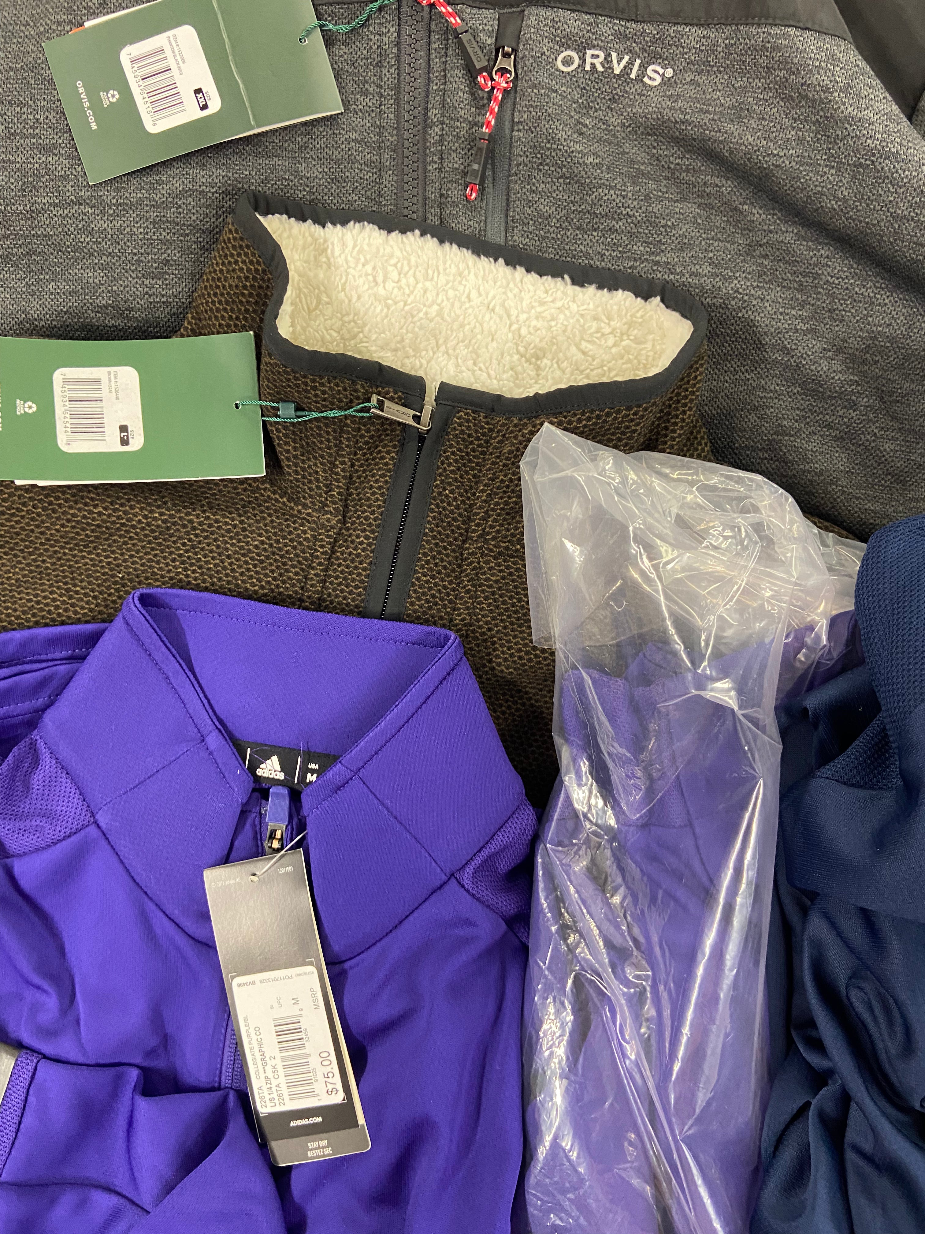 Men's Clothing Sweaters & Outerwear Wholesale Lot, ADIDAS, MOUNTAIN HARDWEAR, SPYDER, ORVIS and more, 10 items, Shelf Pulls, MSRP $670