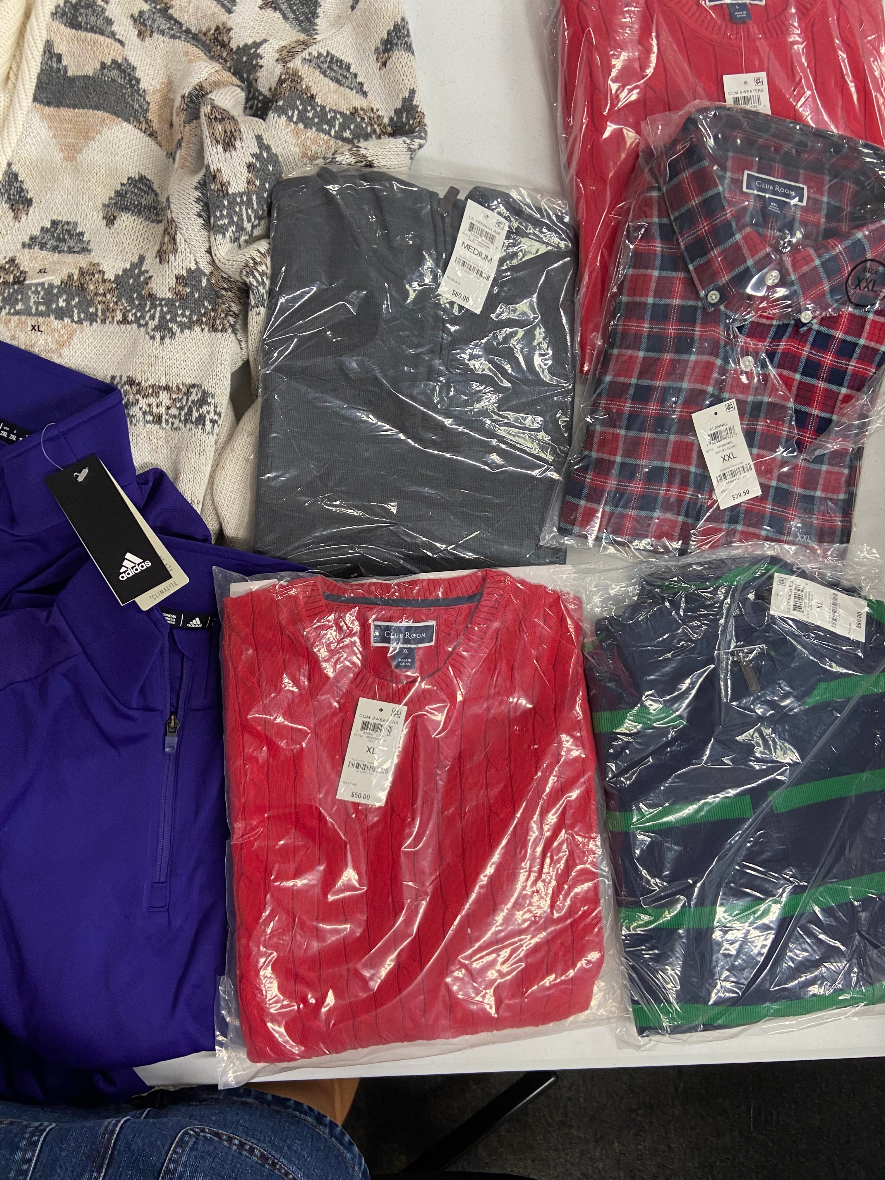 Men's Clothing Sweaters & Other Tops Wholesale Lot, ADIDAS, CLUB ROOM, ALFANI, 9 items, Shelf Pulls, MSRP $650