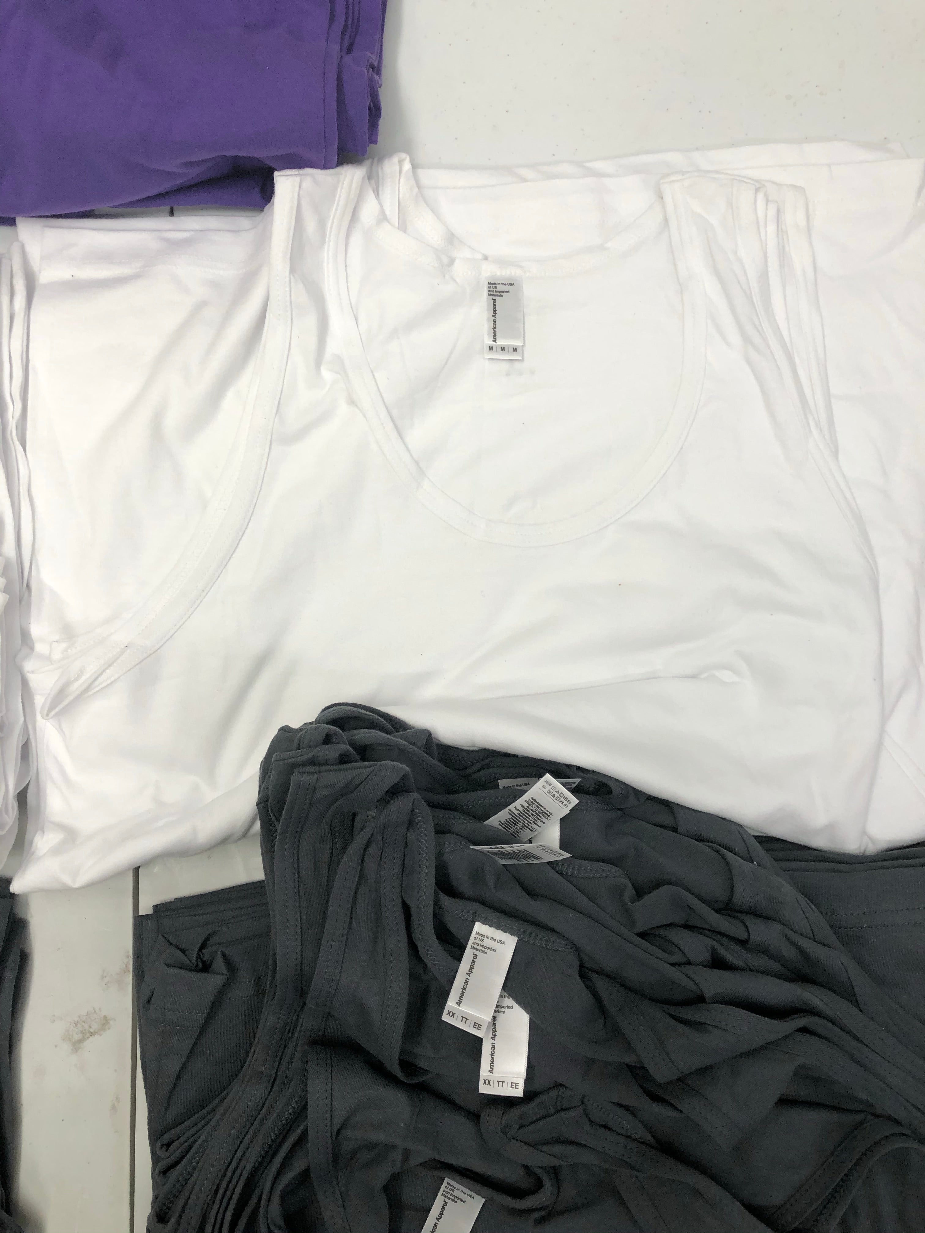 Men's Clothing Tops Sleevless Wholesale Lot, AMERICAN APPAREL ONLY, 51 Items, Shelf Pulls, MSRP $918