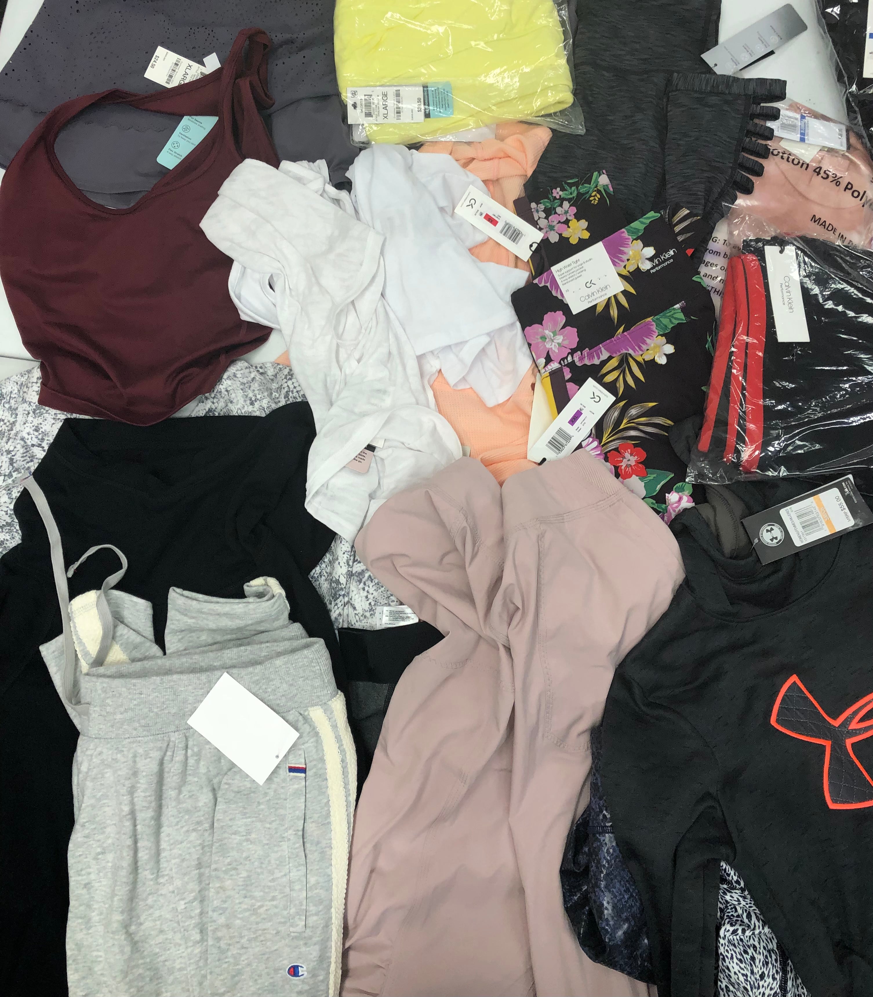 Women's Clothing Assorted Activewear Wholesale Lot, UNDER ARMOUR, ADIDAS, CALVIN KLEIN and more, 19 Units, Shlef Pulls, MSRP $974.48