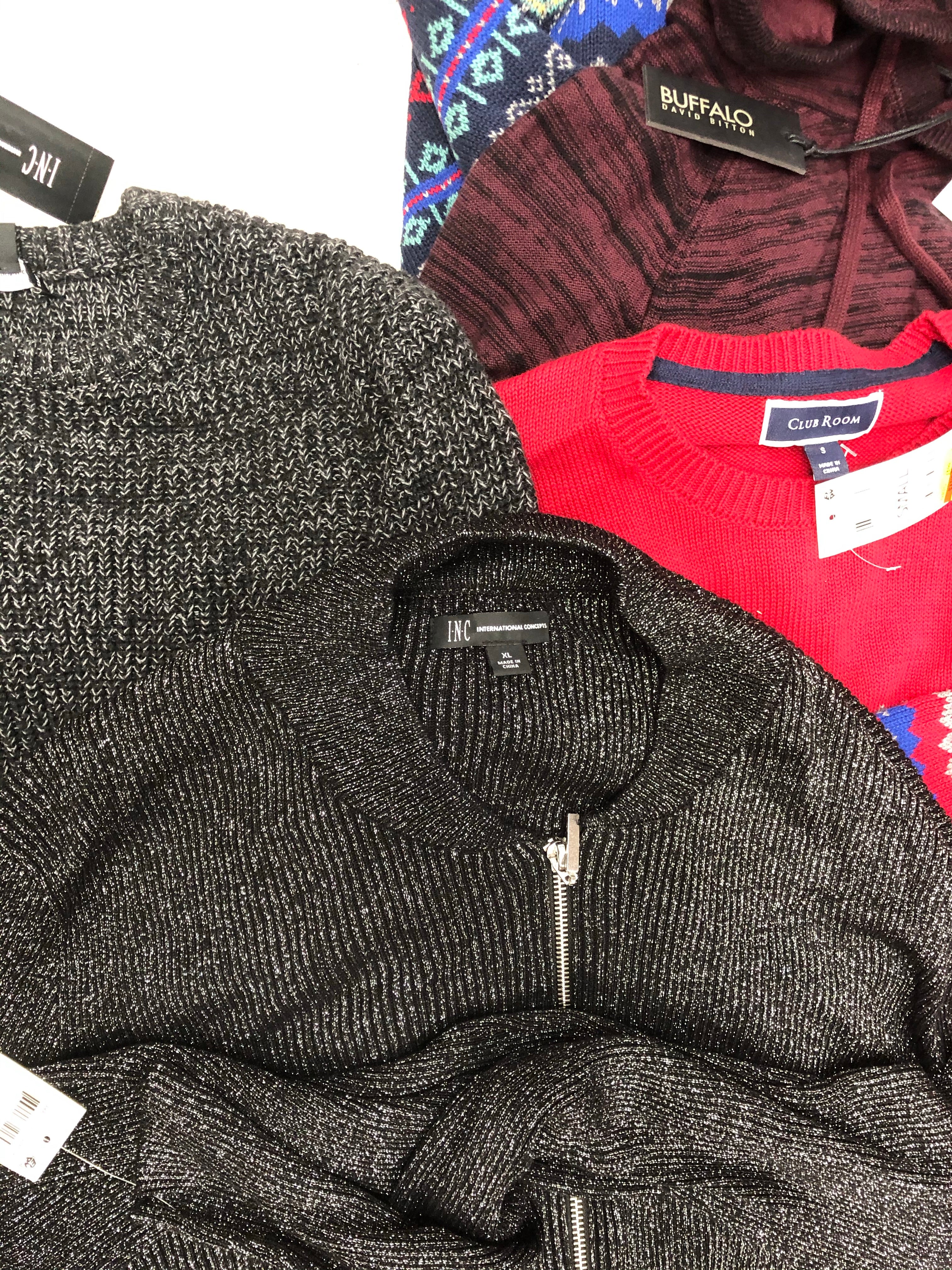 Men's Clothing Sweater Wholesale Lot, Buffalo Jeans, Club Room, INC, 9 Units, Shelf Pulls, MSRP $596.49