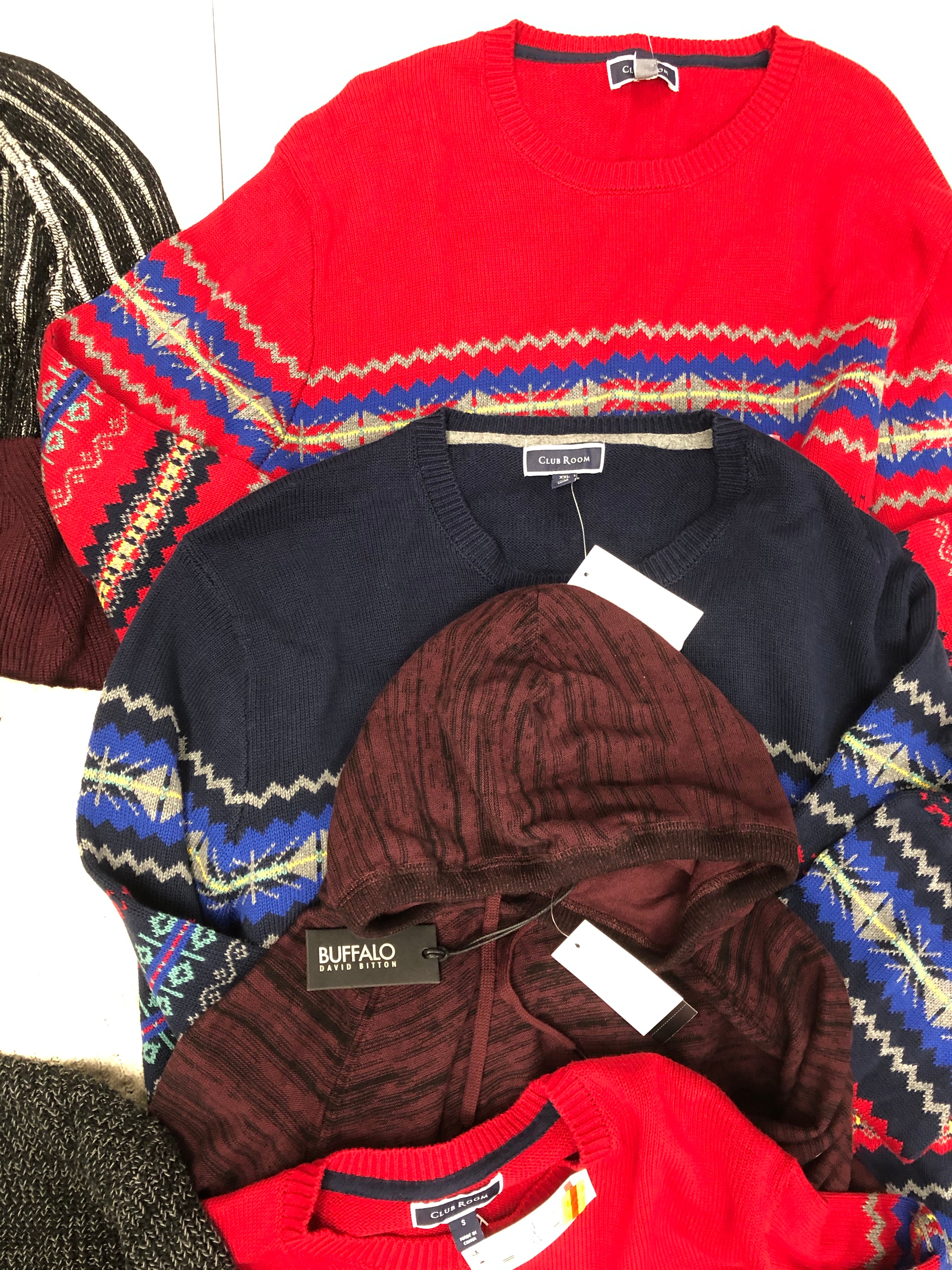 Men's Clothing Sweater Wholesale Lot, Buffalo Jeans, Club Room, INC, 9 Units, Shelf Pulls, MSRP $596.49