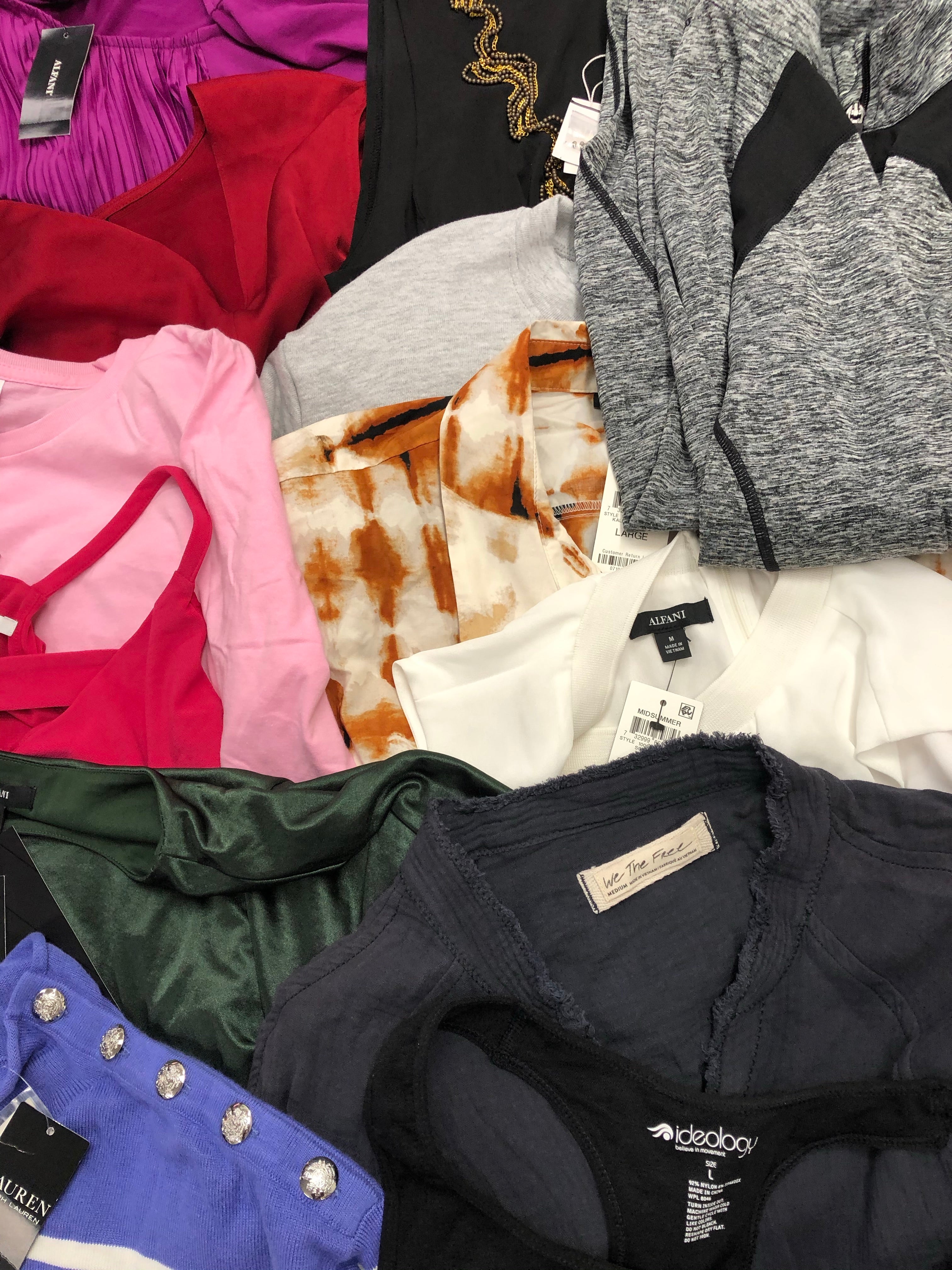 Women's Clothing Tops Wholesale Lot, LAUREN RALPH LAUREN, ADIDAS, CALVIN KLEIN, FREE PEOPLE, GUESS, AMEIRCAN APPAREL, ALFANI and more, 24 items, Shelf Pulls, MSRP $1,223