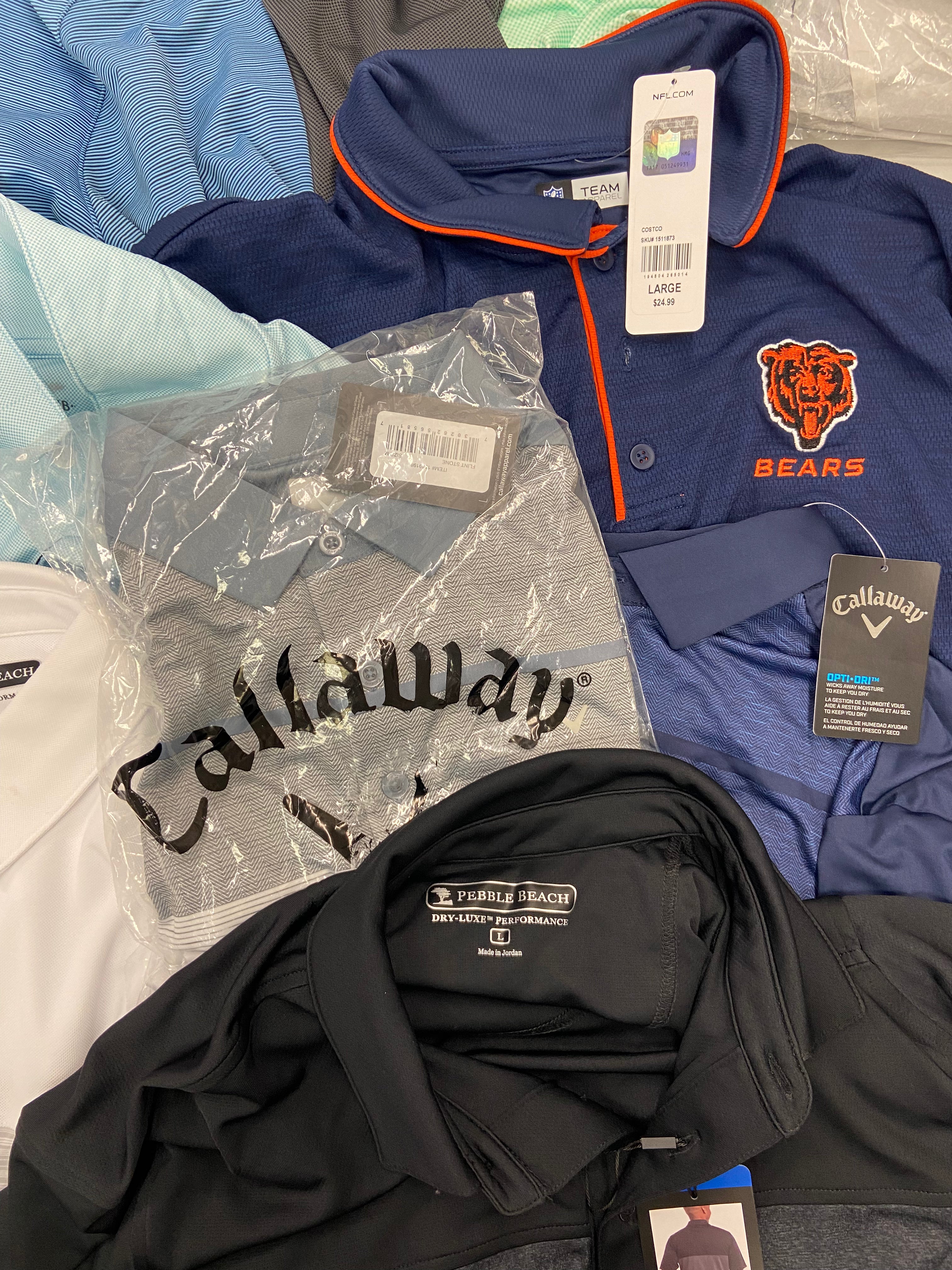 Men's Clothing Golf Polo Shirts & Other Tops Wholesale Lot, CALLAWAY, GREG NORMAN, BOLLE, PEBBLE BEACH, MONDETTA and more, 16 items, Shelf Pulls, MSRP $652