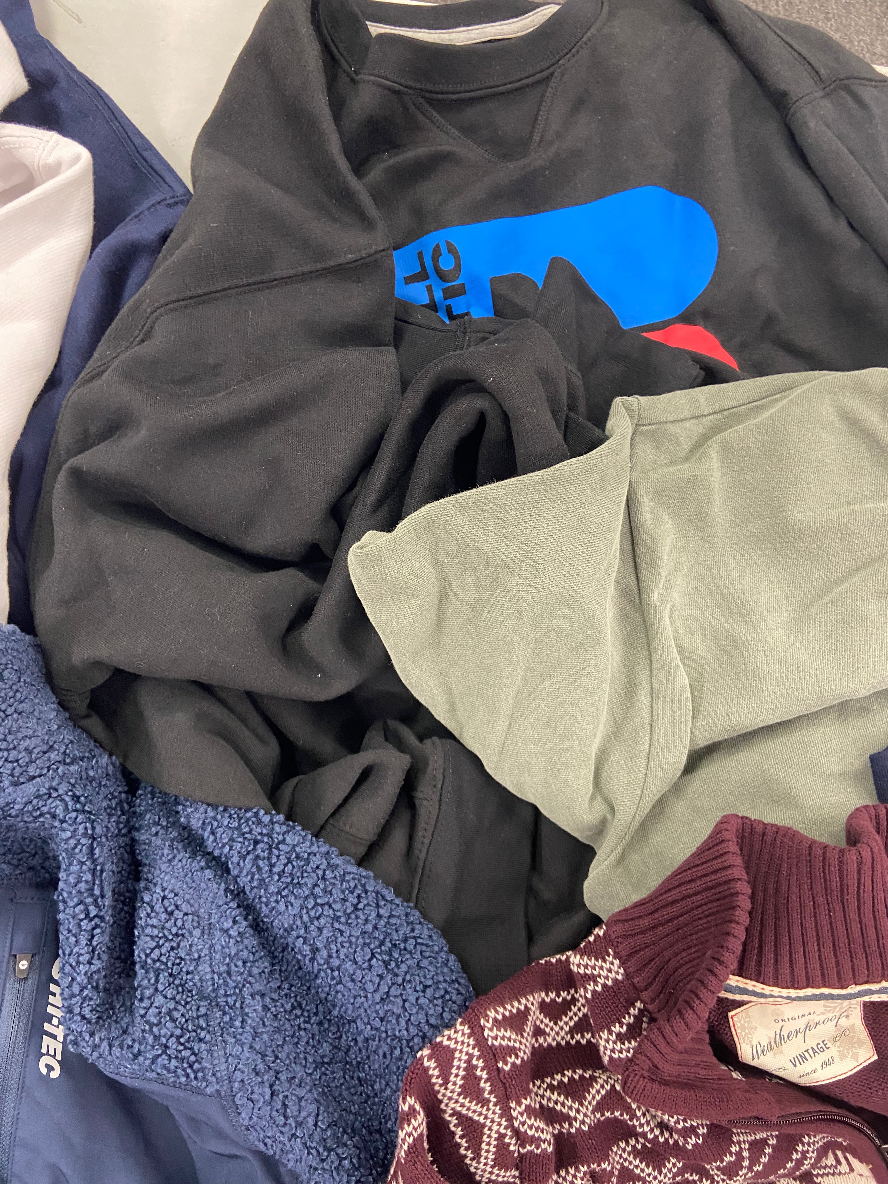 Men's Clothing Tops Wholesale Lot, ADIDAS, EDDIE BAUER, RUSSELL ATHLETIC, WEATHERPROOF, HI TEC and more, 12 items, Shelf Pulls, MSRP $765