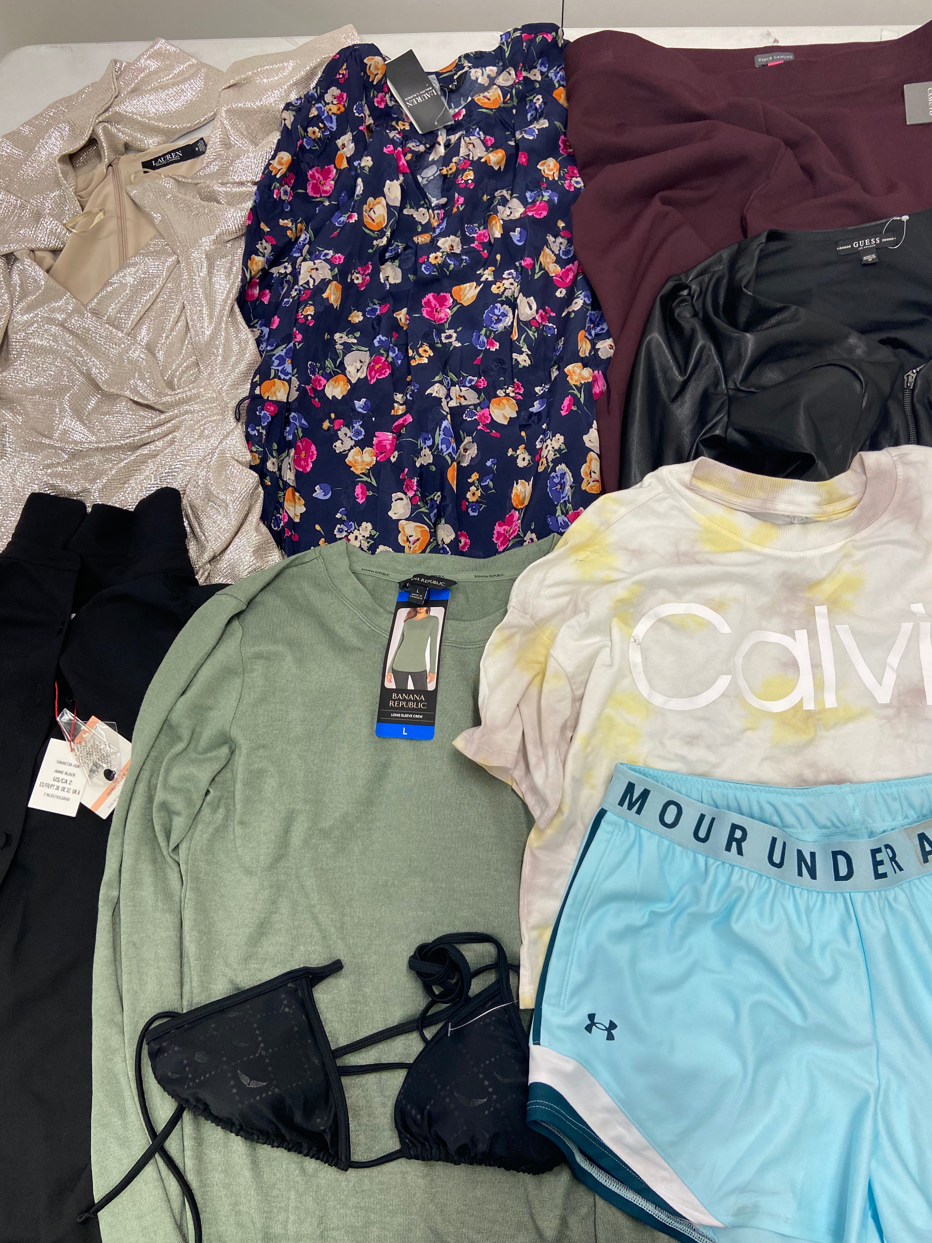 Women's Clothings Dress & Others Wholesale Lot, LAUREN RALPH LAUREN, CALVIN KLEIN, UNDER ARMOUR, VINCE CAMUTO, ANNE KLEIN, BANANA REPUBLIC, GUESS and more, 9 items, CUSTOMER RETURNS