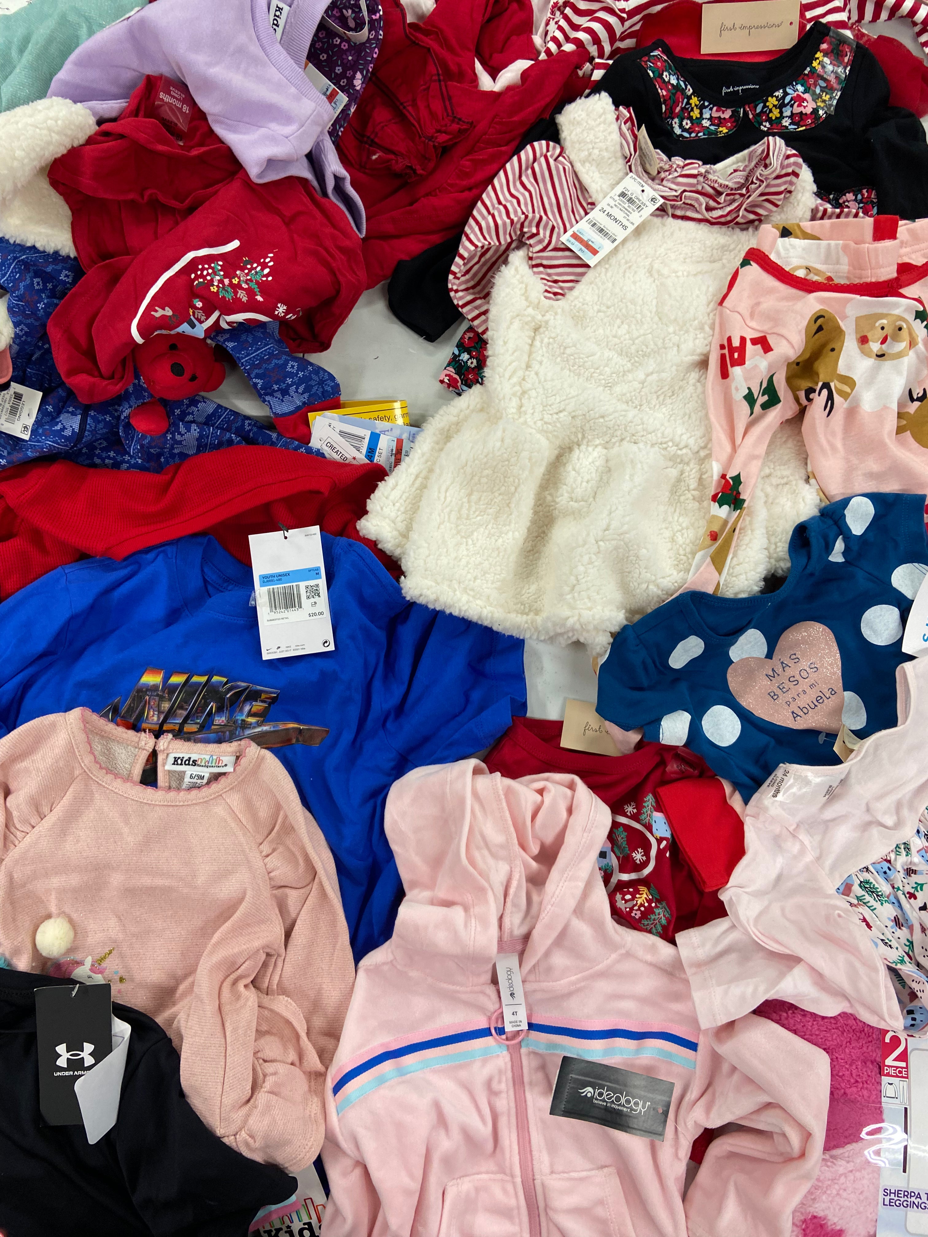 Kid's / Baby's Clothing Assorted Wholesale Lot, NIKE, UNDER ARMOUR, CARTER'S, 32 DEGREES, KIDS HEADQUARTERS, FIRST IMPRESSIONS and more, 28 items, Shelf Pulls, MSRP $699