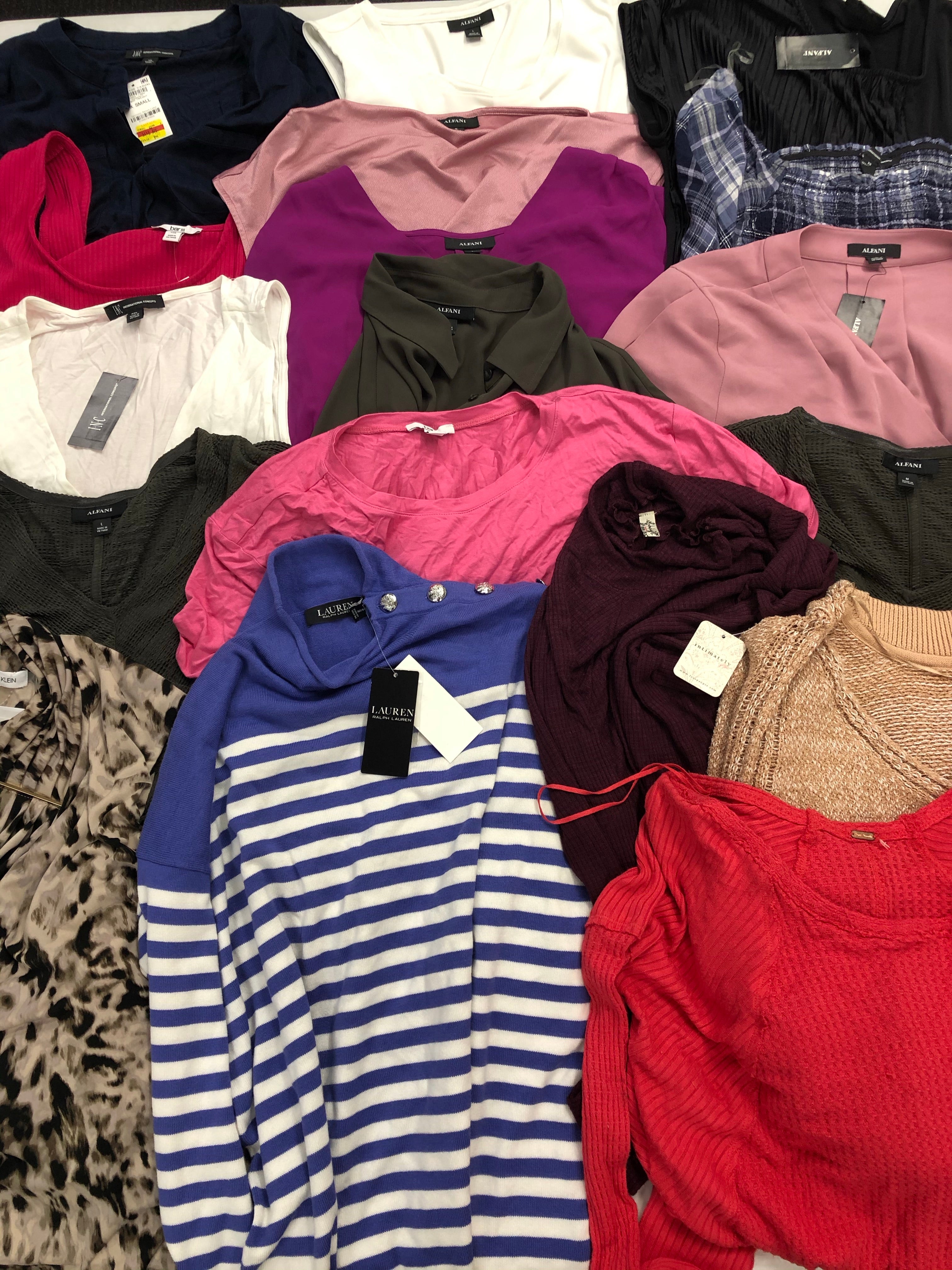 Women's Clothing Tops Wholesale Lot, LAUREN RALPH LAUREN, CALVIN KLEIN, FREE PEOPLE, ALFANI and more, 18 items, Shelf Pulls, MSRP $1,153