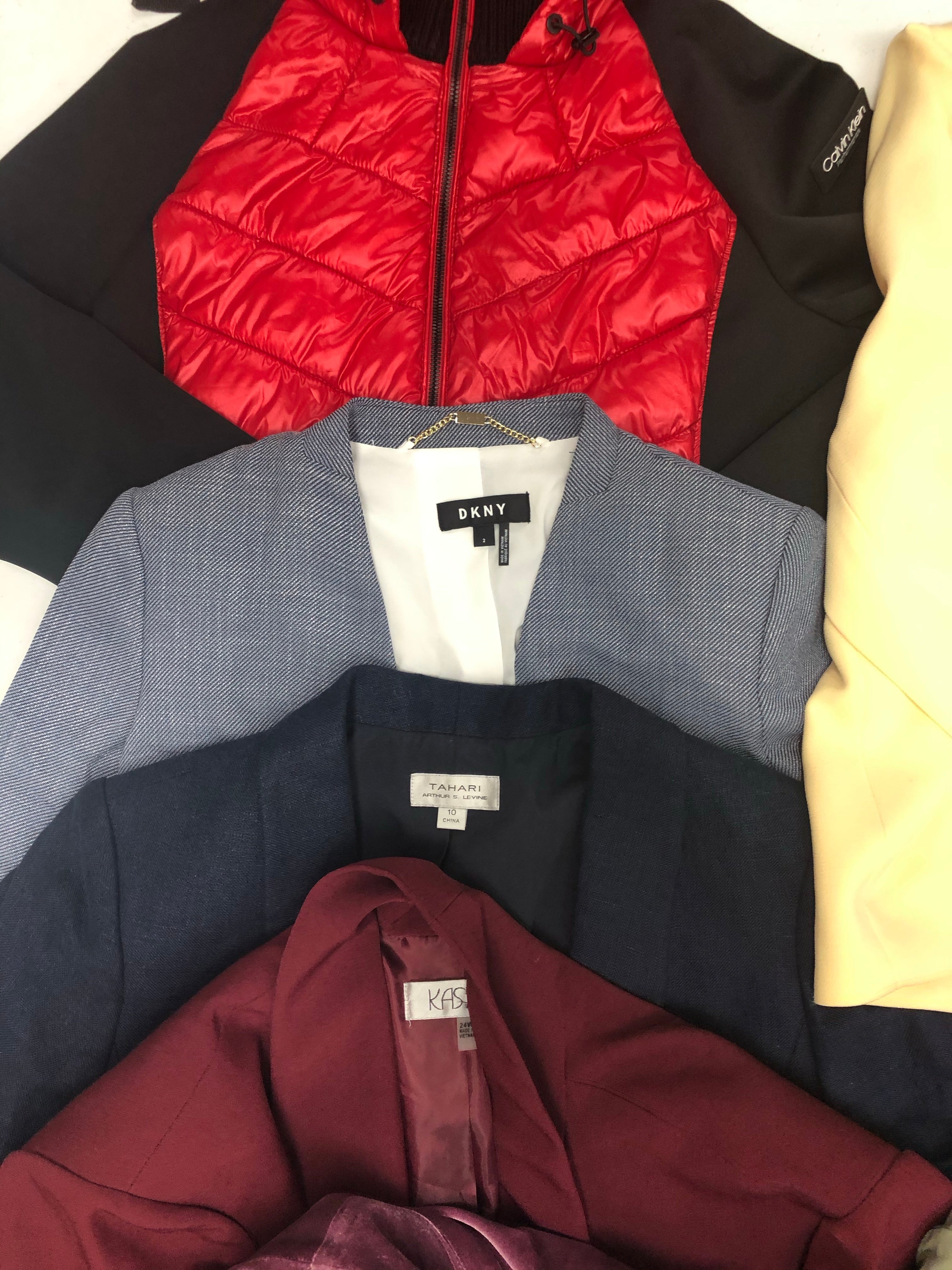 Women's Clothing Jacket Wholesale Lot, DKNY, Calvin Klein, Columbia, Tahari, Kasper, Alfani and more, 15 Units, Shelf Pulls, MSRP $1405.47
