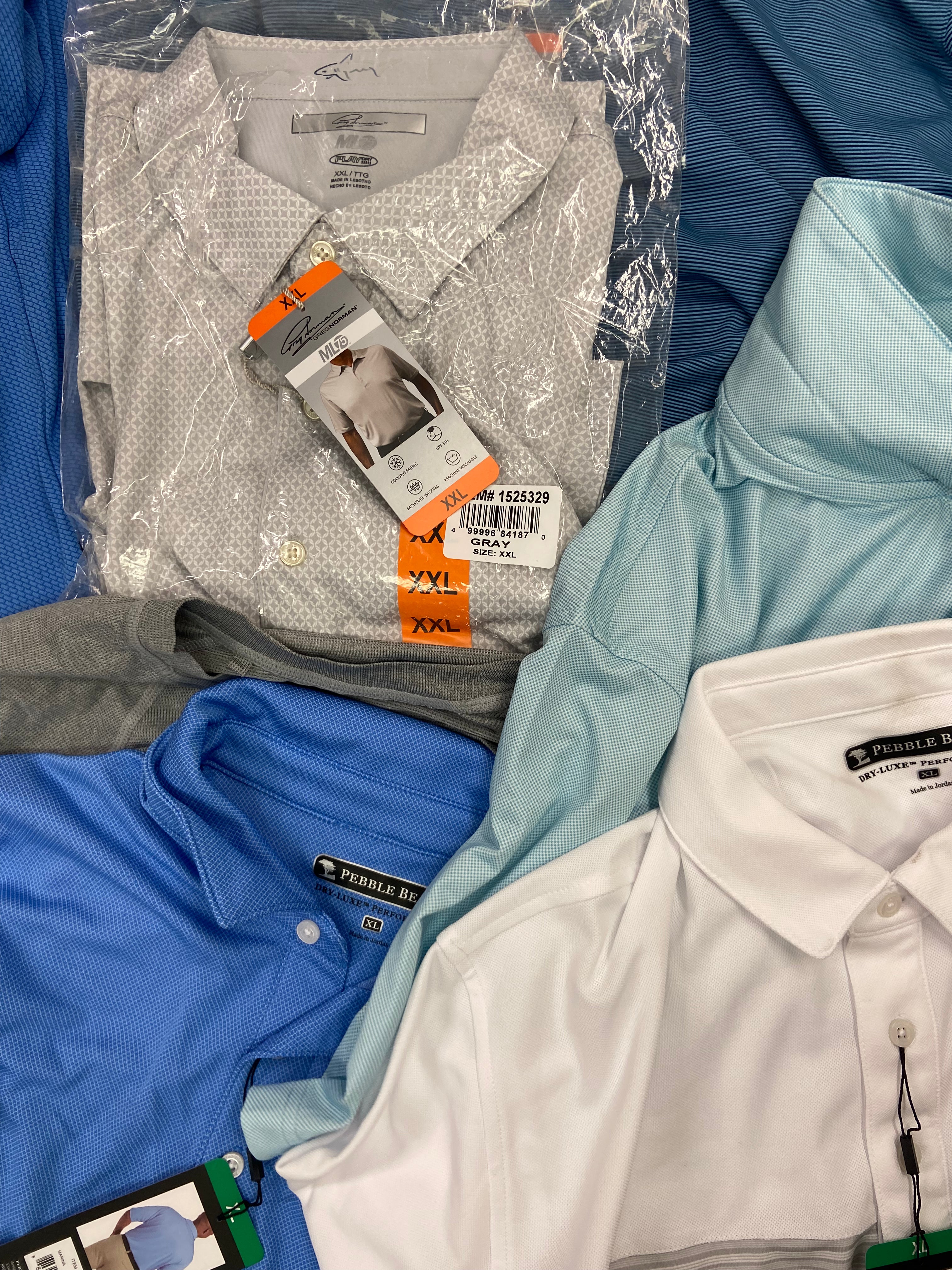 Men's Clothing Golf Polo Shirts & Other Tops Wholesale Lot, CALLAWAY, GREG NORMAN, BOLLE, PEBBLE BEACH, MONDETTA and more, 16 items, Shelf Pulls, MSRP $652