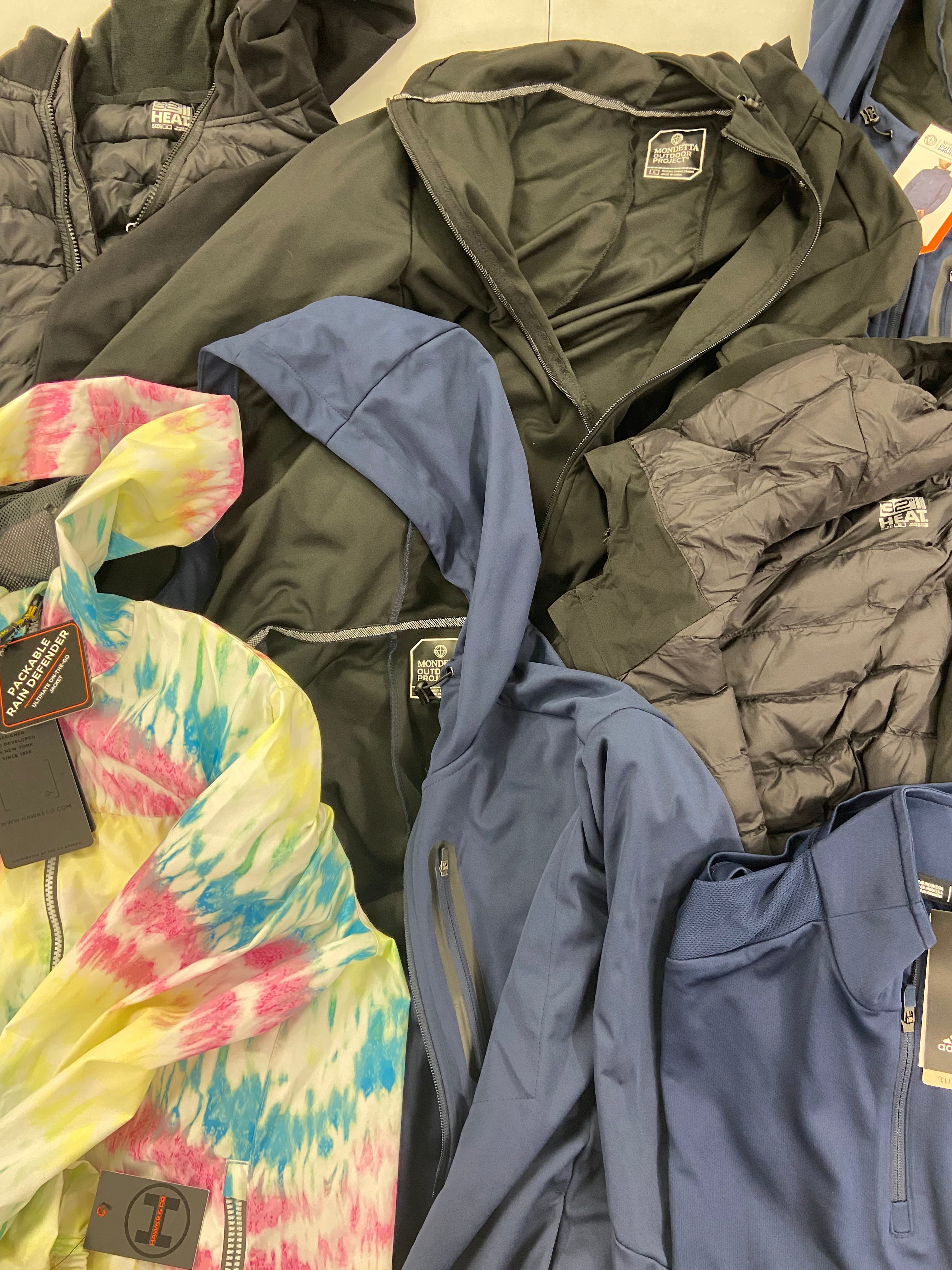 Men's Clothing OUTERWEAR/JACKETS Wholesale Lot, ADIDAS, 32 DEGREES, HAWKE & CO, MONDETTA 8 items, Shelf Pulls, MSRP $630